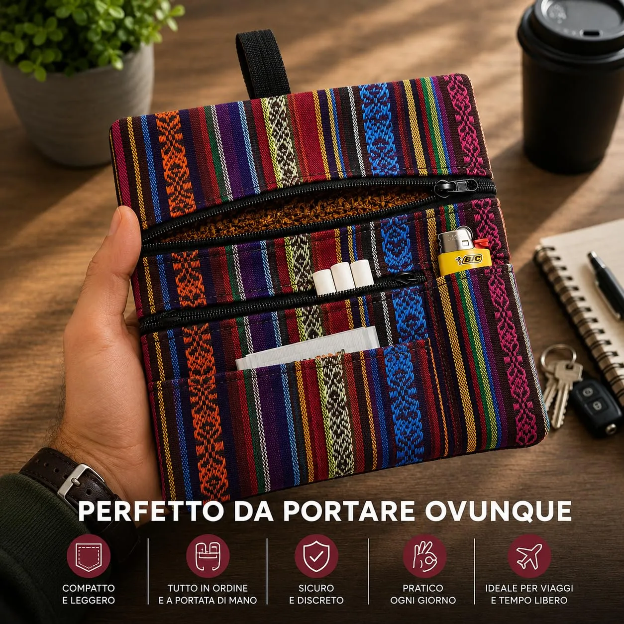 Russo Handmade Portatabacco Artigianale in Tessuto con Doppia Zip, 4 Scomparti, Mélange Rosso - immagine 5