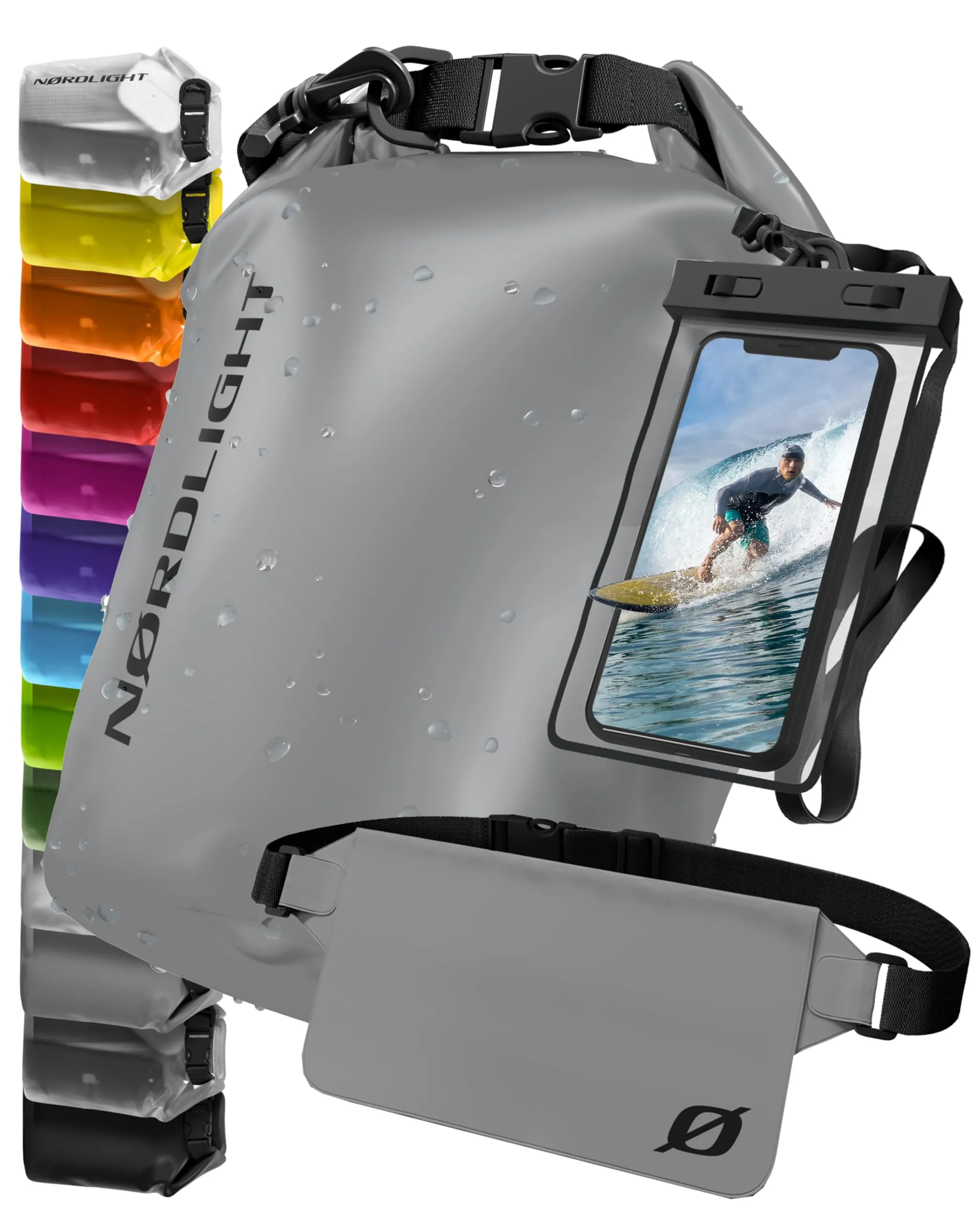 Nordlight Set Sacca Impermeabile 20L con Custodia per Cellulare e Marsupio, Grigio - immagine 1