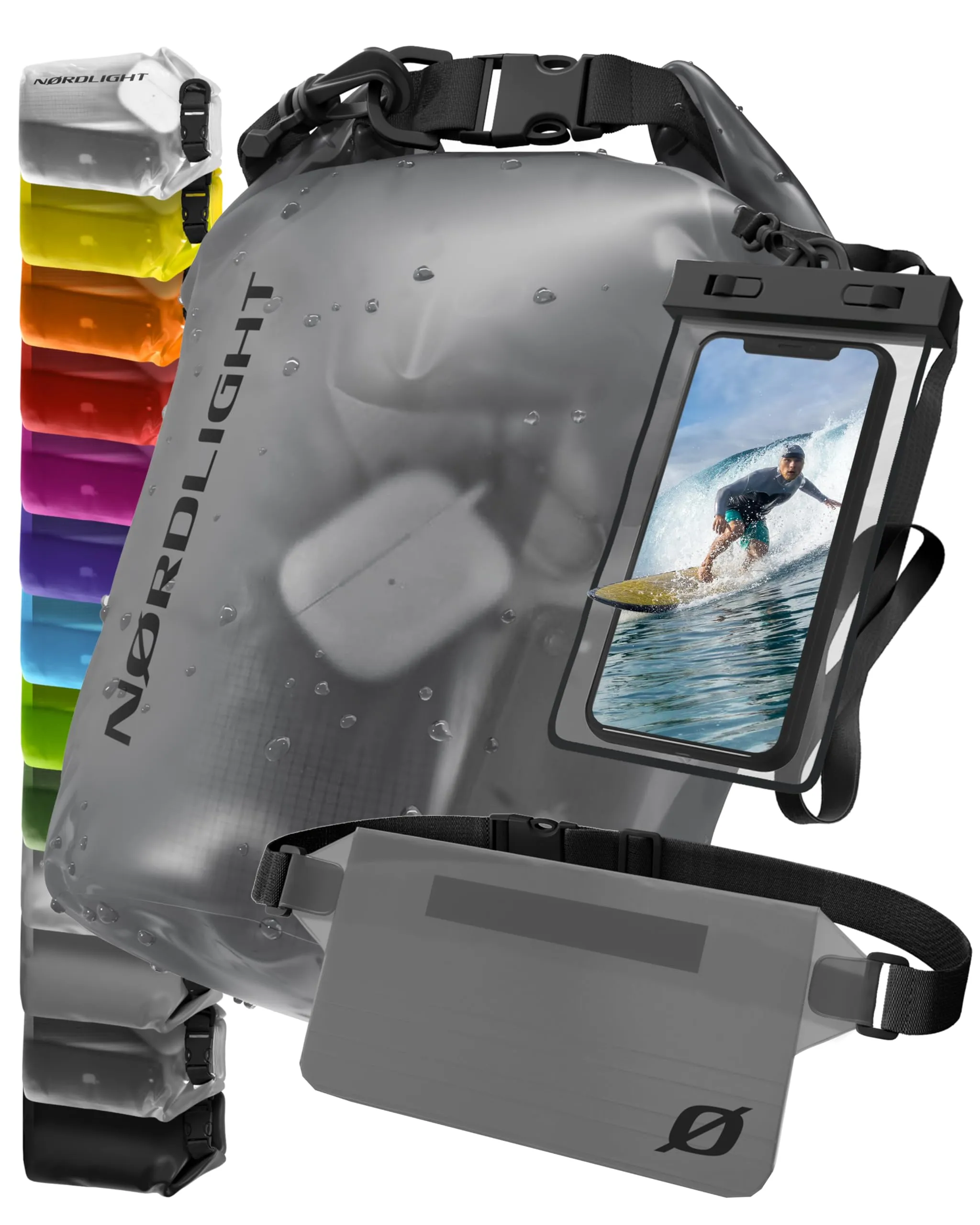 Nordlight Dry Bag Set con Custodia per Cellulare e Marsupio (30L, Grigio Trasparente) - immagine 1