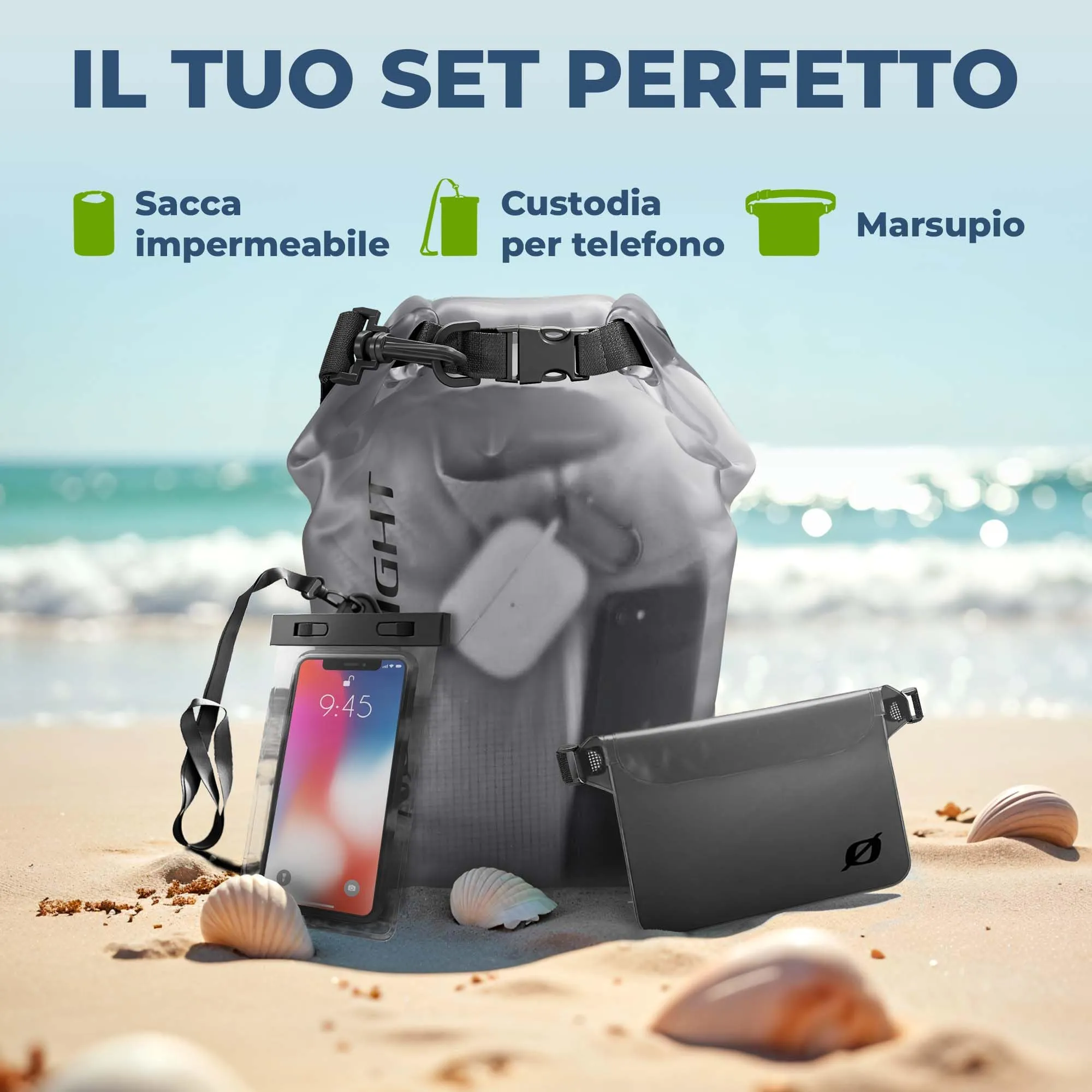 Nordlight Dry Bag Set con Custodia per Cellulare e Marsupio (30L, Grigio Trasparente) - immagine 2