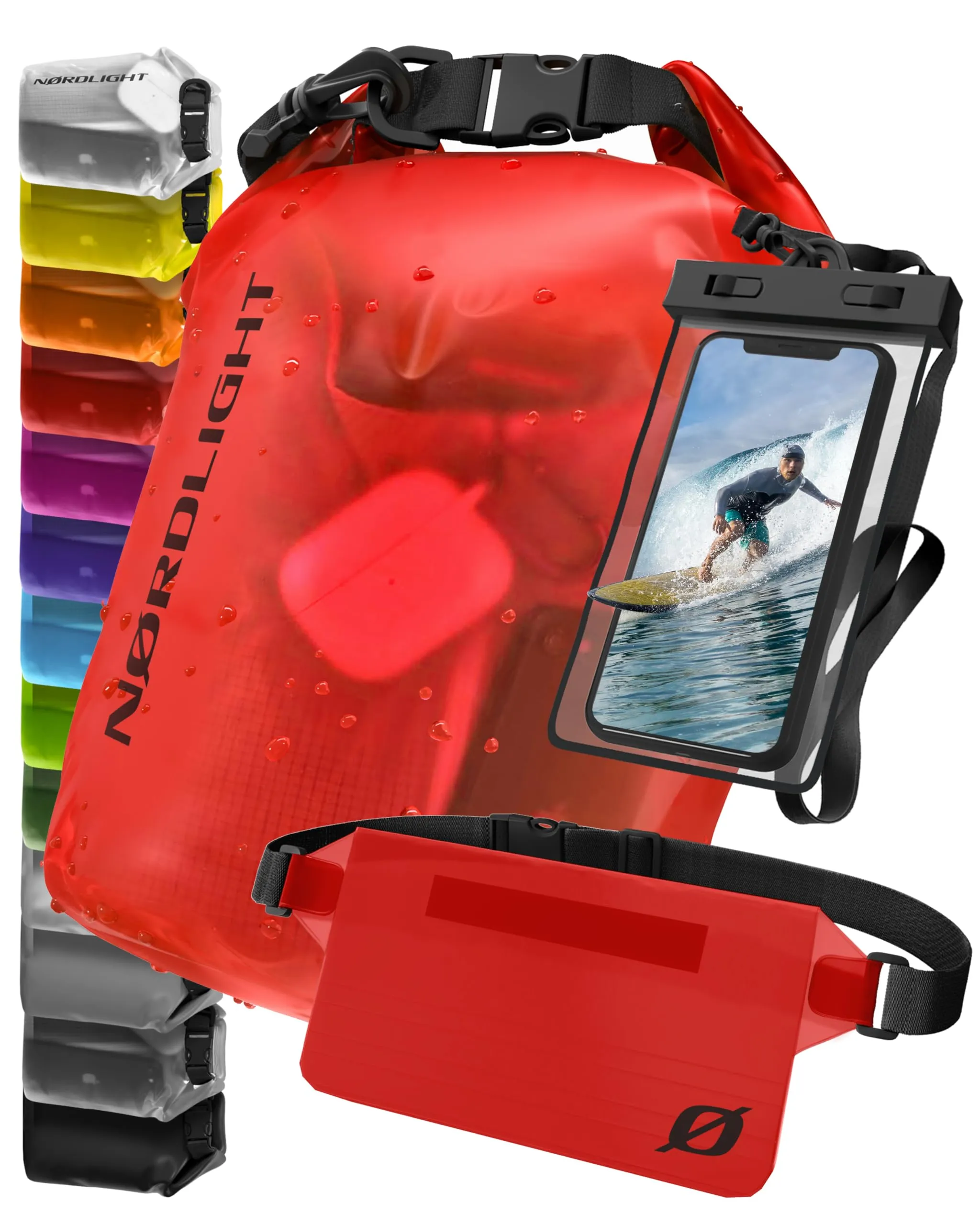Nordlight Dry Bag Set con Custodia per Cellulare e Marsupio, 20L, Rosso - immagine 1