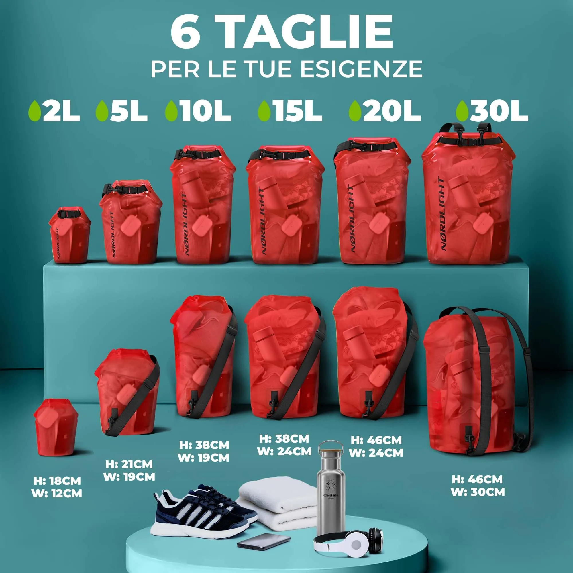 Nordlight Dry Bag Set con Custodia per Cellulare e Marsupio, 20L, Rosso - immagine 3
