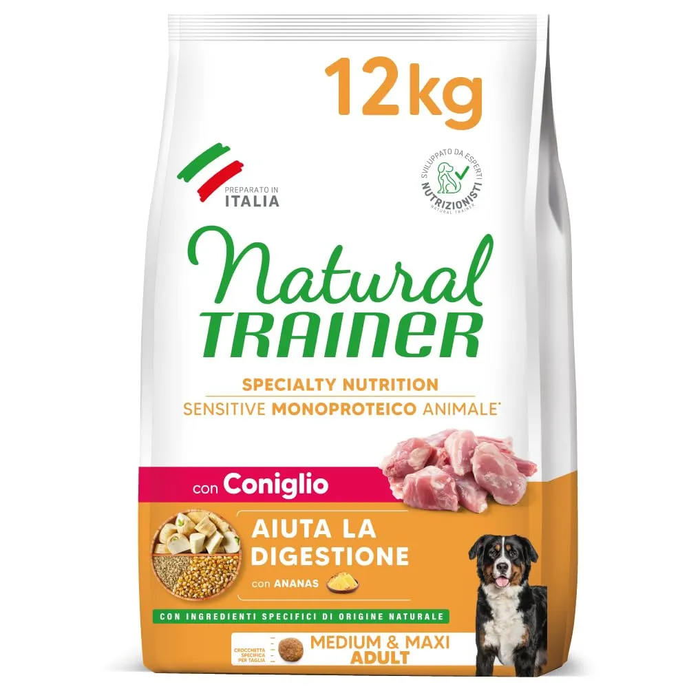 Trainer Natural Sensitive No Gluten Dog Food for Adult Medium & Maxi Dogs with Rabbit and Whole Grains, 12kg - immagine 1