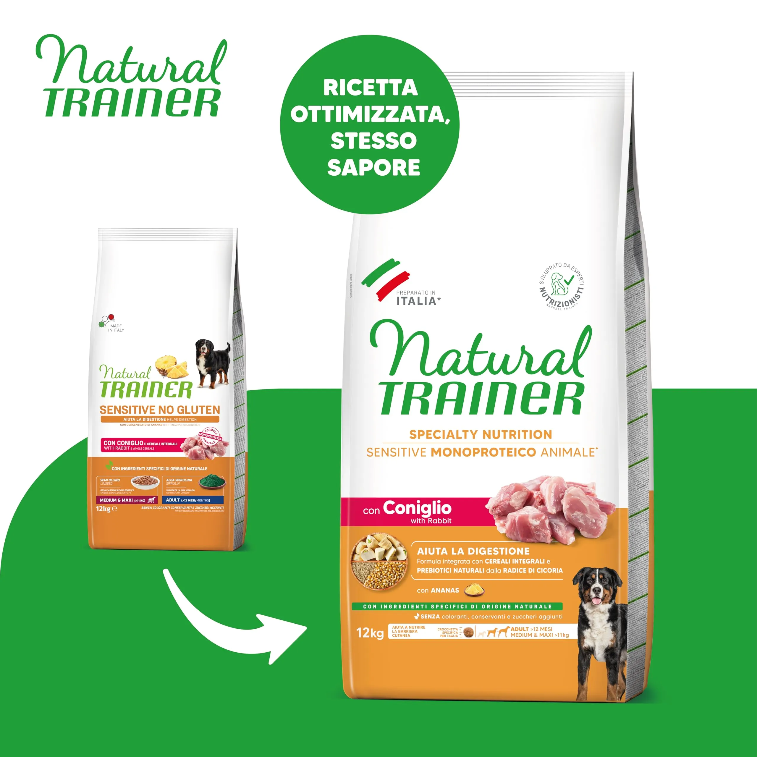 Trainer Natural Sensitive No Gluten Dog Food for Adult Medium & Maxi Dogs with Rabbit and Whole Grains, 12kg - immagine 2