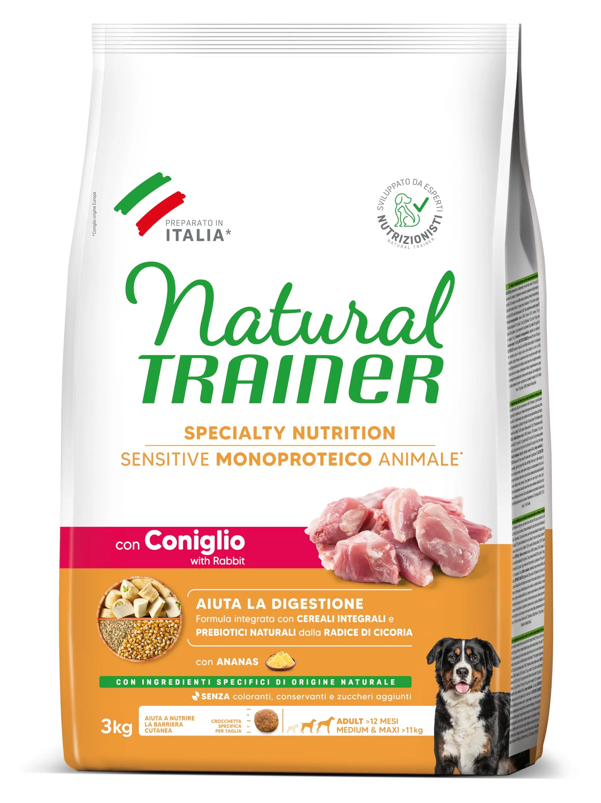 Trainer Natural Sensitive No Gluten, Cani Adulti Medium & Maxi, Coniglio e Cereali Integrali, 3kg - immagine 1