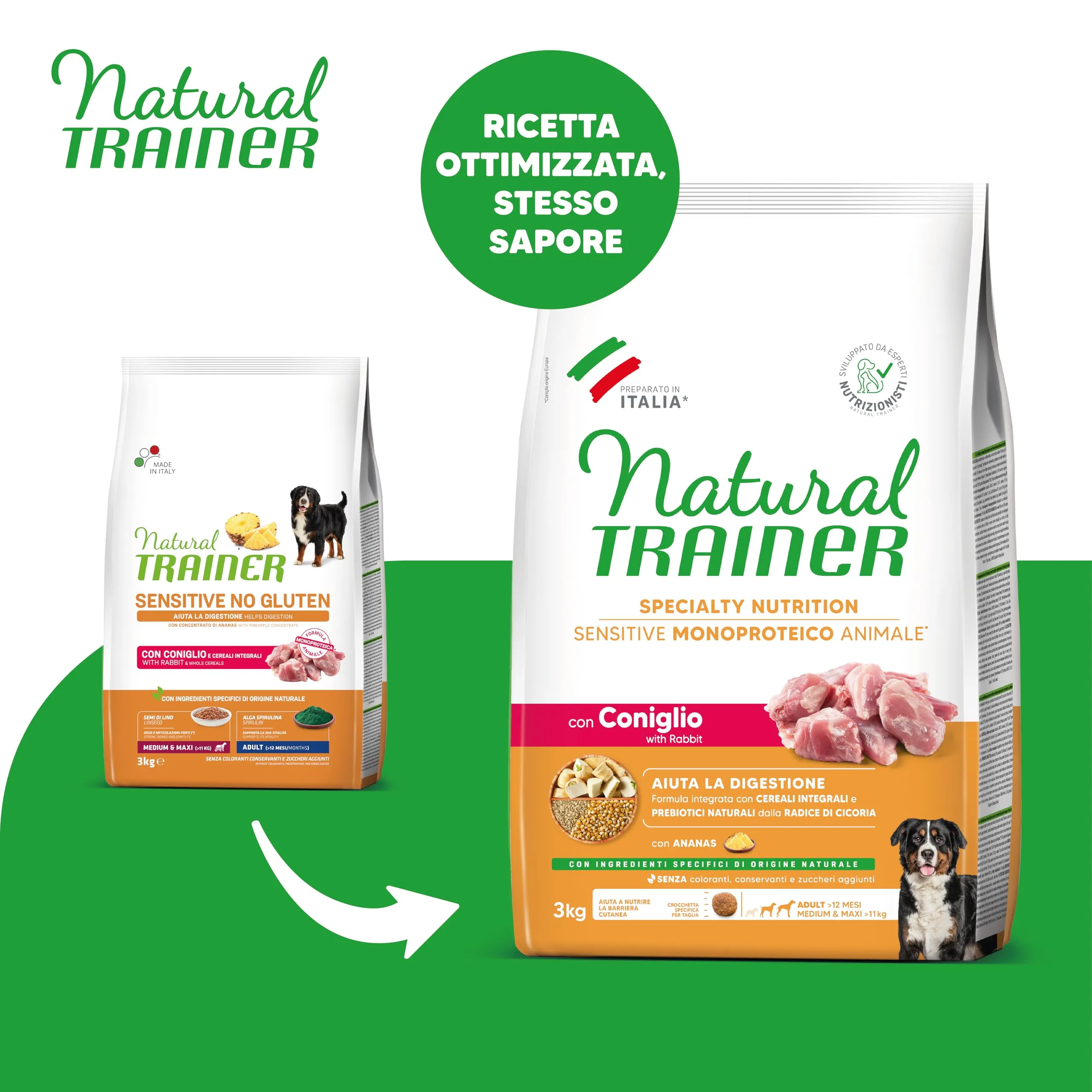 Trainer Natural Sensitive No Gluten, Cani Adulti Medium & Maxi, Coniglio e Cereali Integrali, 3kg - immagine 2