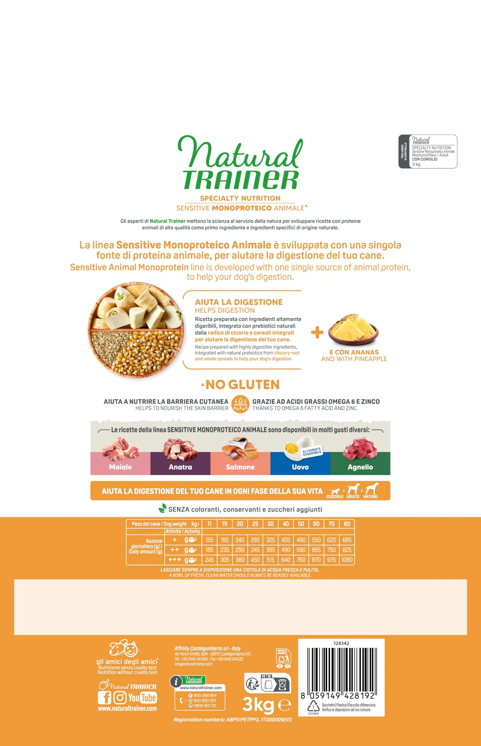 Trainer Natural Sensitive No Gluten, Cani Adulti Medium & Maxi, Coniglio e Cereali Integrali, 3kg - immagine 3