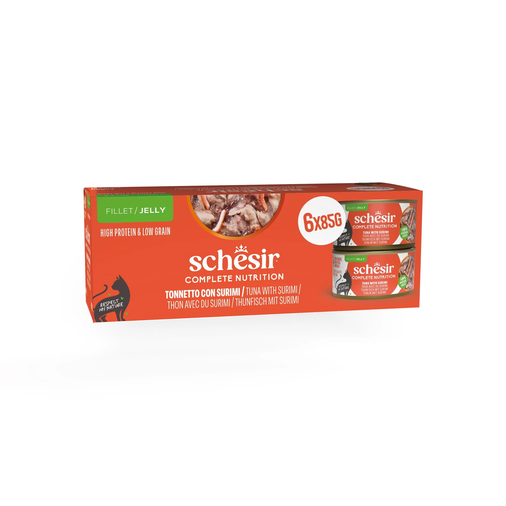 Schesir Tonnetto con Surimi in Gelatina, Cibo Umido per Gatti, 6 lattine da 85g - immagine 1