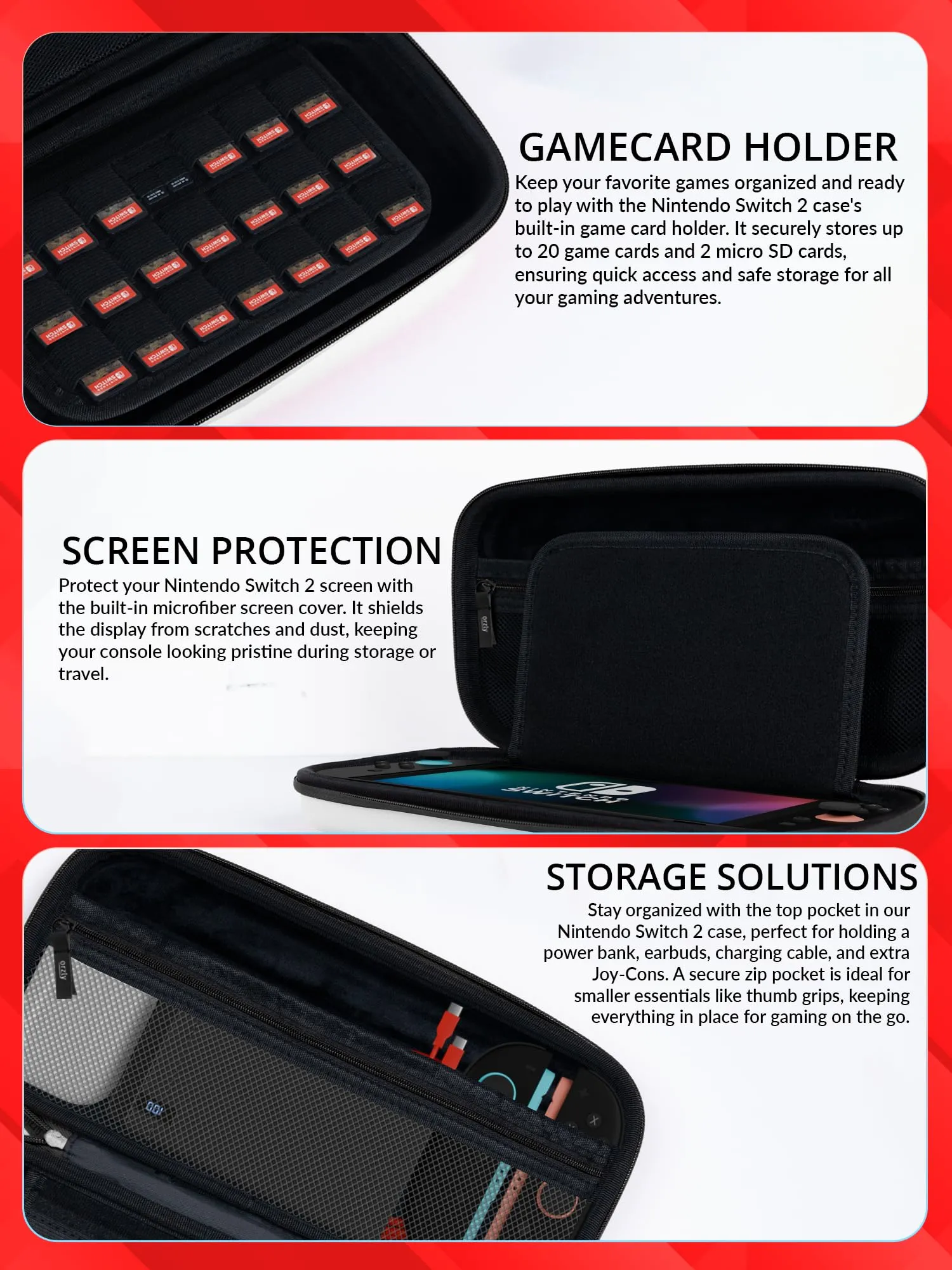 Orzly Custodia Protettiva da Viaggio per Nintendo Switch 2 con Pad per lo Schermo e Slot per Schede di Gioco e MicroSD - immagine 5
