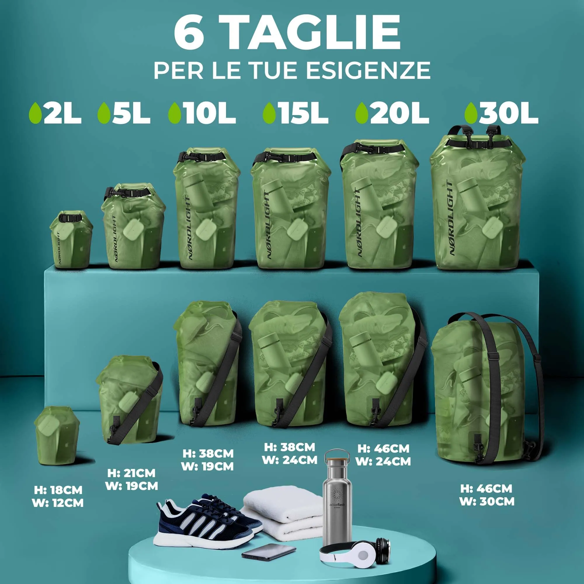 Nordlight Dry Bag Sacca Impermeabile 20L Verde Scuro - immagine 3
