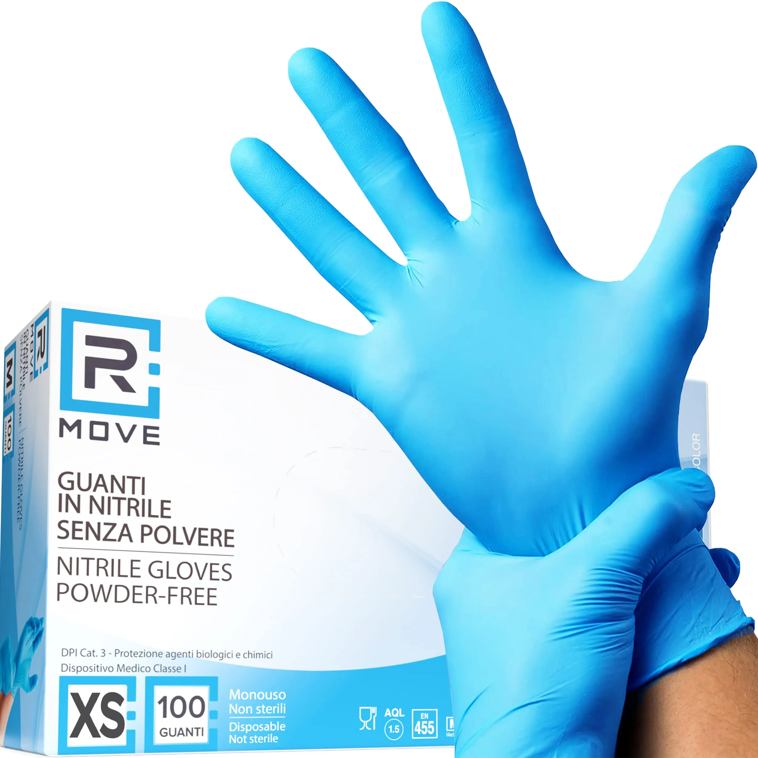 R MOVE Guanti in Nitrile Monouso Blu XS, Senza Polvere, Ambidestri, Ipoallergenici, 100 Pezzi - immagine 1