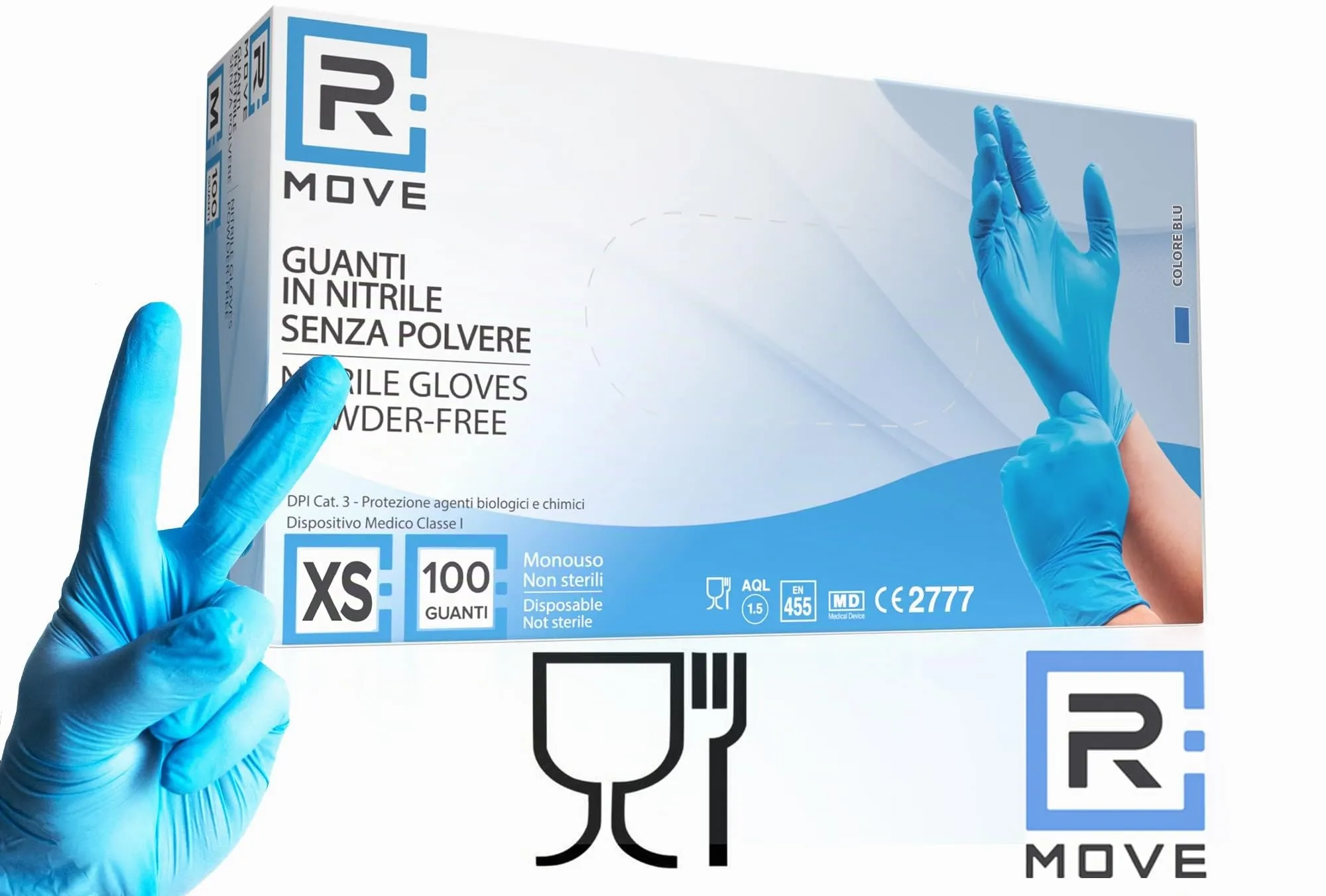 R MOVE Guanti in Nitrile Monouso Blu XS, Senza Polvere, Ambidestri, Ipoallergenici, 100 Pezzi - immagine 7