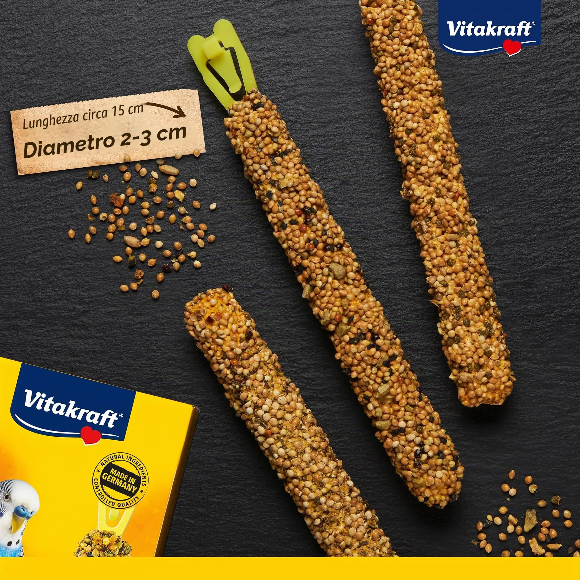Vitakraft Kräcker Mix per Pappagallini Ondulati, Bastoncini da Masticare con Erbe Aromatiche, Peperone, Kiwi, Limone, Banana e Sesamo, Senza Zuccheri Aggiunti, 90g - immagine 3