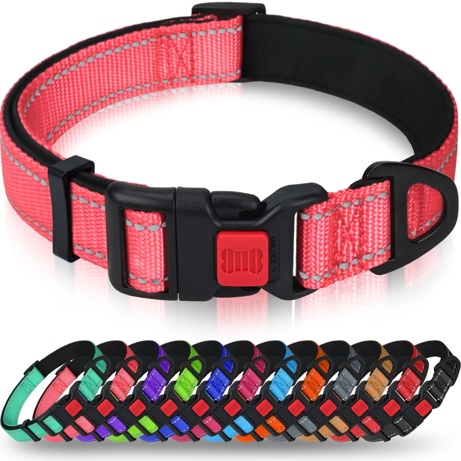 Taglory Collare per Cani in Nylon Imbottito, Regolabile e Riflettente, Taglia L, Rosa - immagine 1