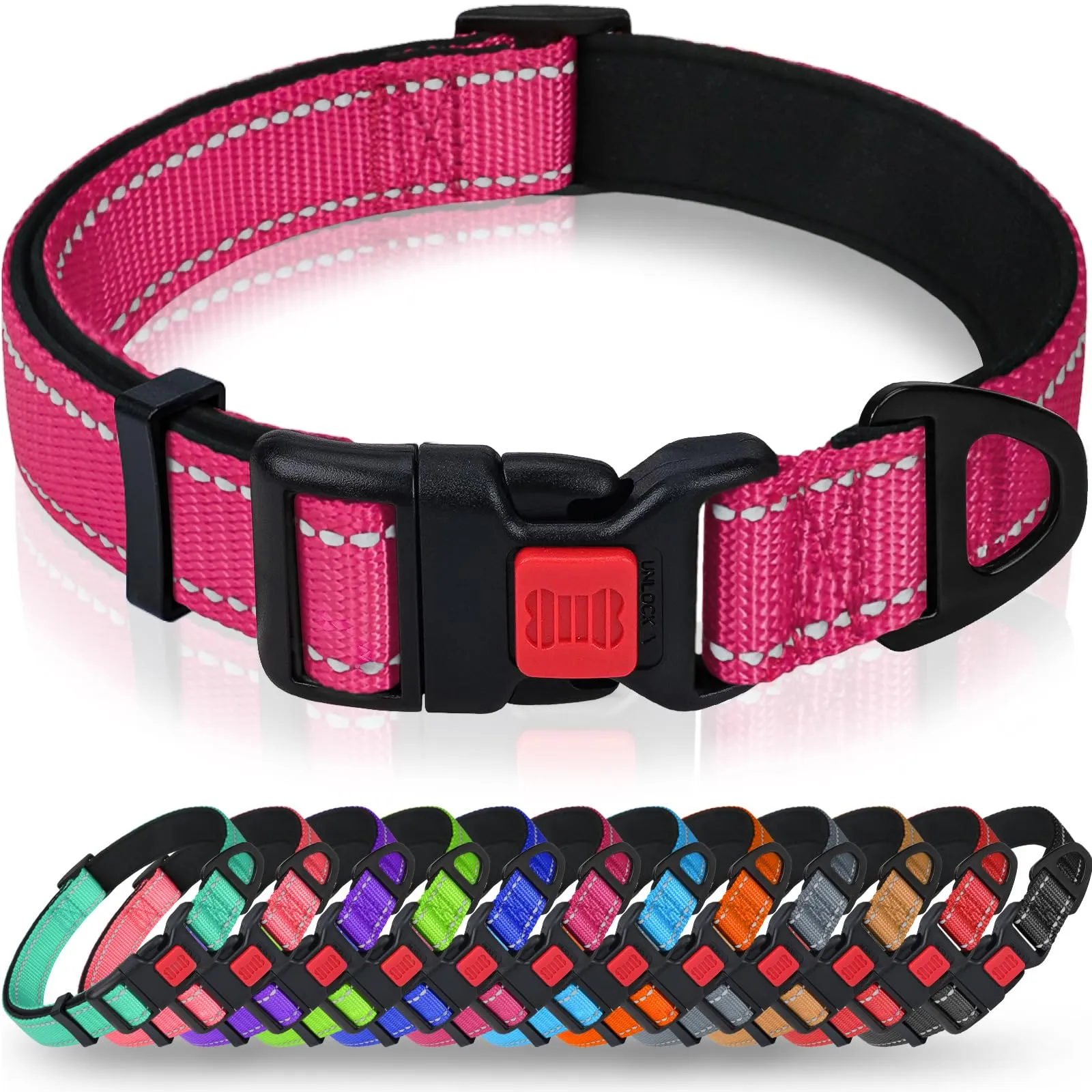 Taglory Collare per Cani in Nylon Imbottito Riflettente, Taglia Media, Rosa Caldo - immagine 1