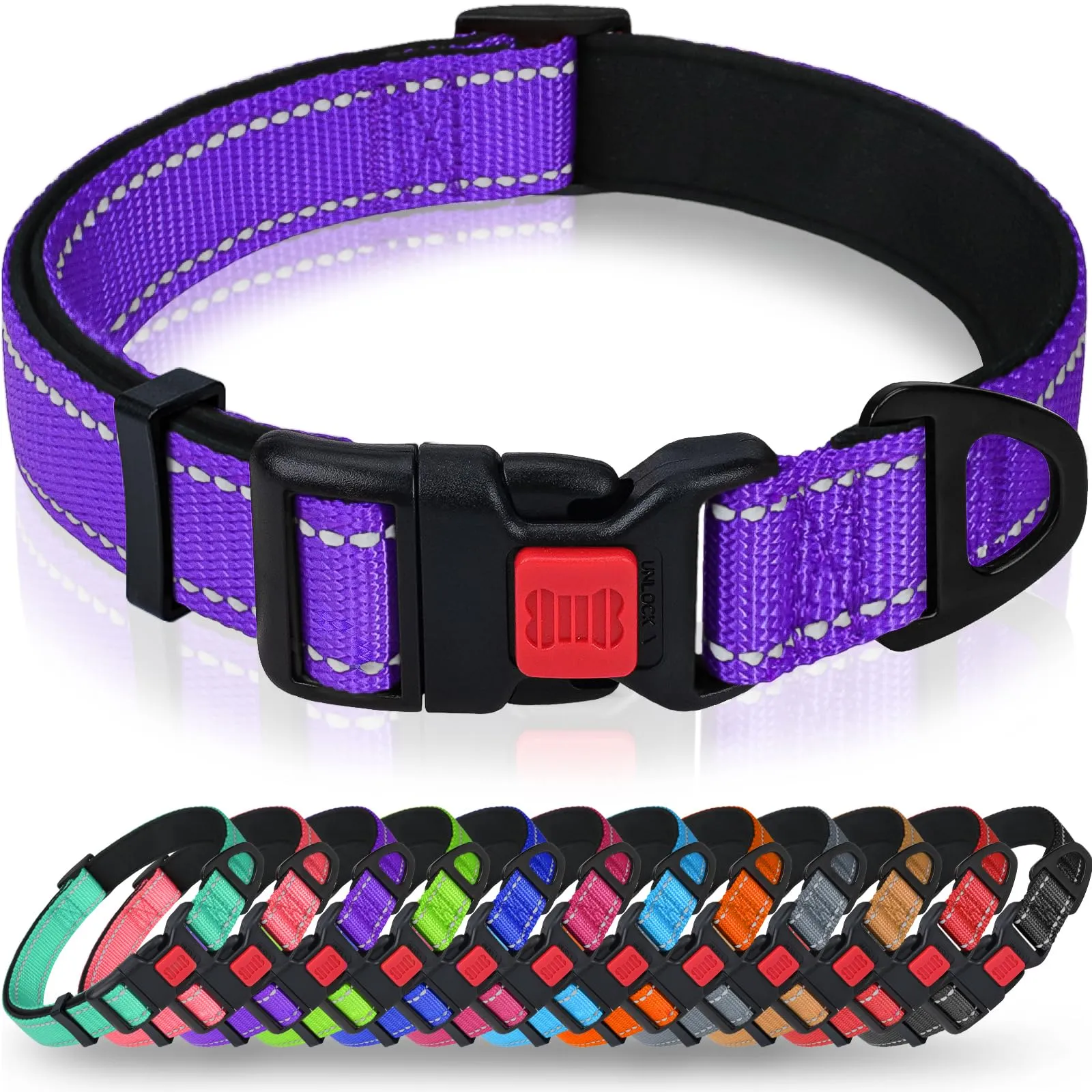 Taglory Collare per Cani in Nylon Imbottito, Riflettente e Regolabile, Taglia Media, Viola - immagine 1