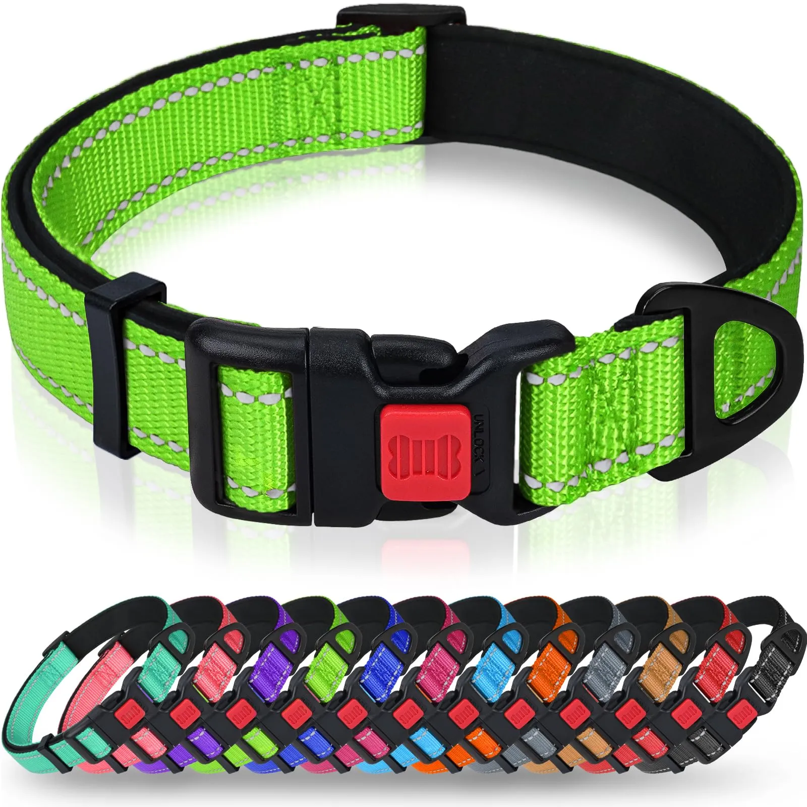 Taglory Collare per Cani in Nylon Imbottito, Riflettente e Regolabile, Taglia M, Verde - immagine 1
