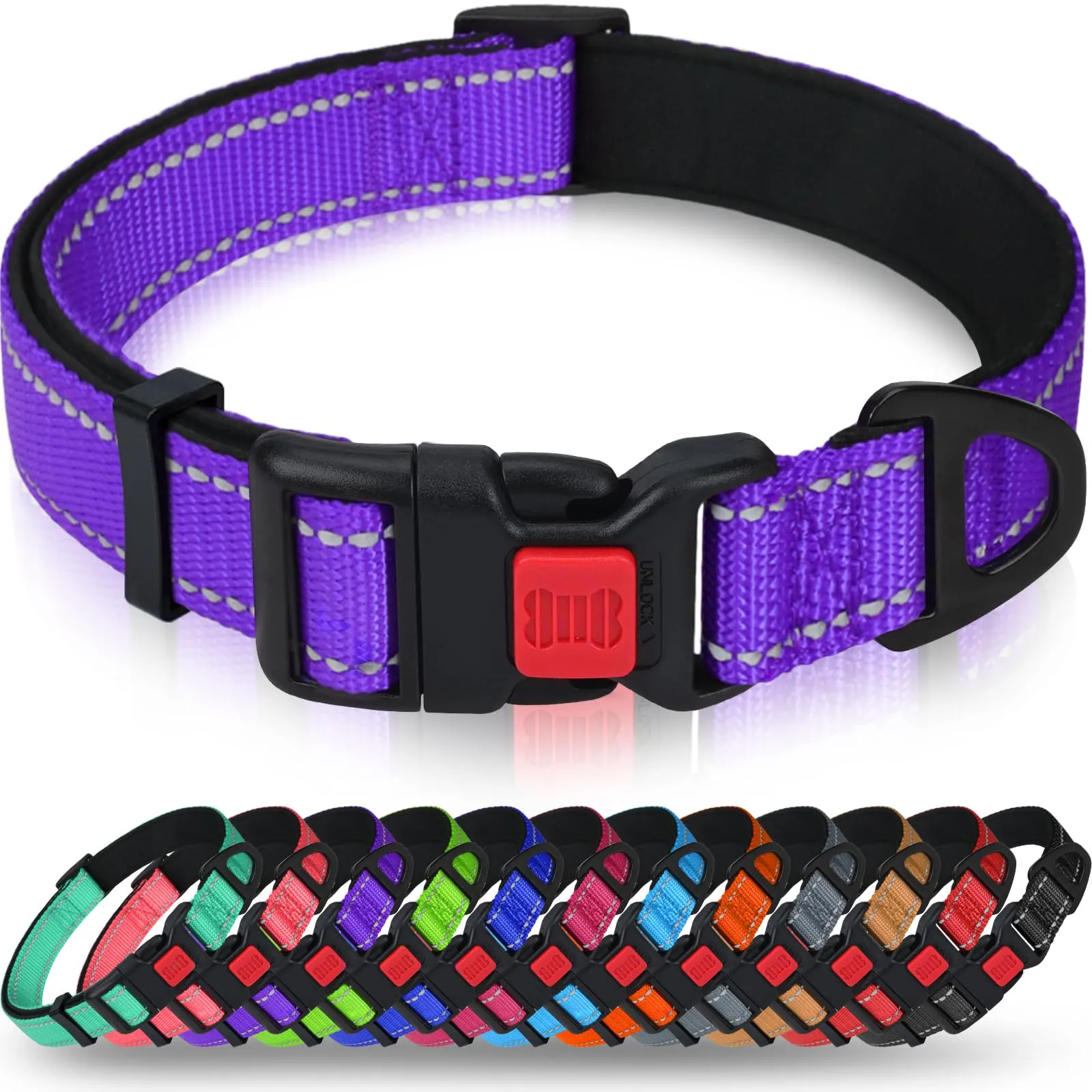 Taglory Collare per Cani in Nylon Imbottito Riflettente, Taglia XL, Viola - immagine 1