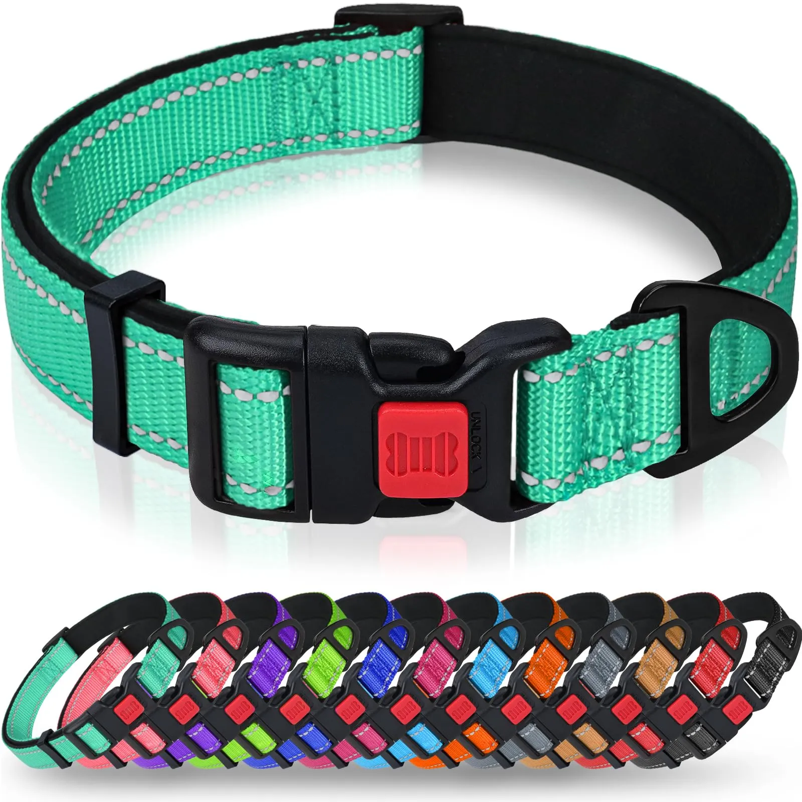 Taglory Collare per Cani in Nylon Imbottito Riflettente, Taglia XL, Turchese - immagine 1