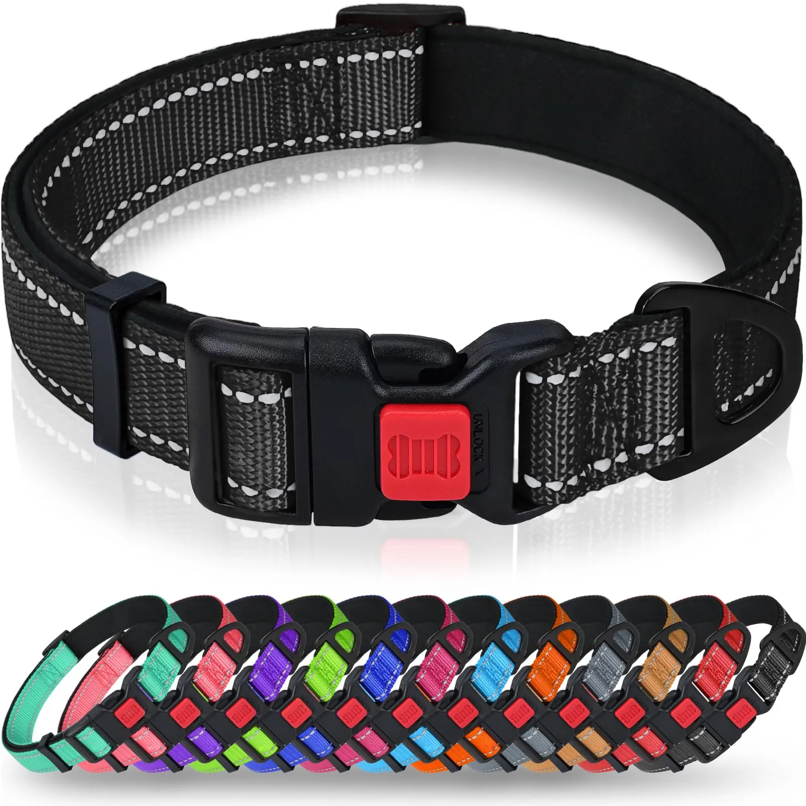 Taglory Collare per Cani in Nylon Imbottito Riflettente, Nero, Taglia XL - immagine 1