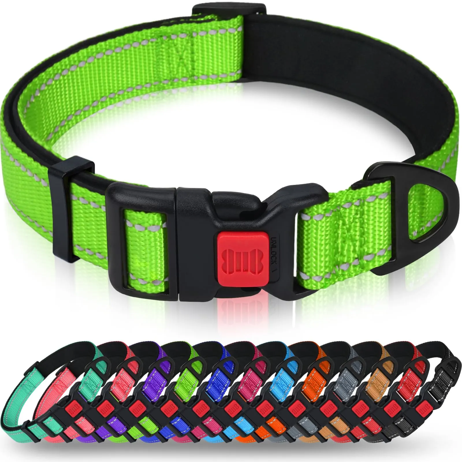 Taglory Collare per Cani in Nylon Imbottito Riflettente, Verde, Taglia XL - immagine 1