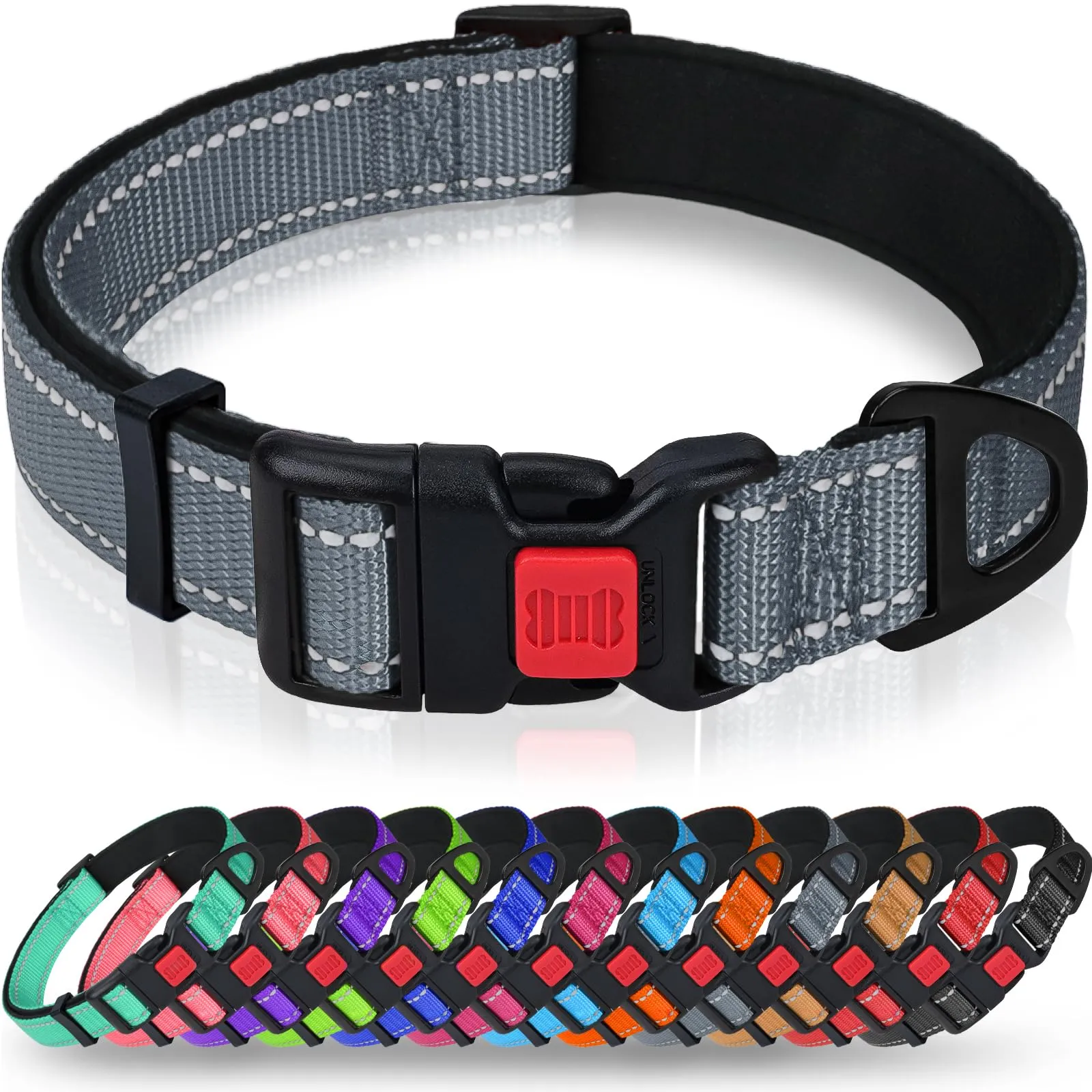 Taglory Collare per Cani in Nylon Imbottito Riflettente, Grigio, Taglia XL - immagine 1