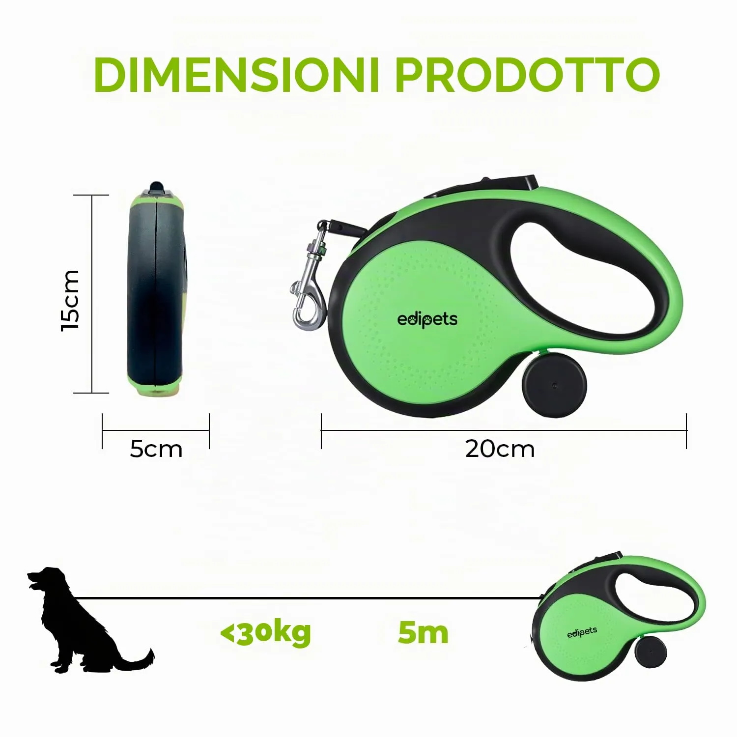 Edipets Guinzaglio per cani estensibile retrattile, 5 metri, verde - immagine 3