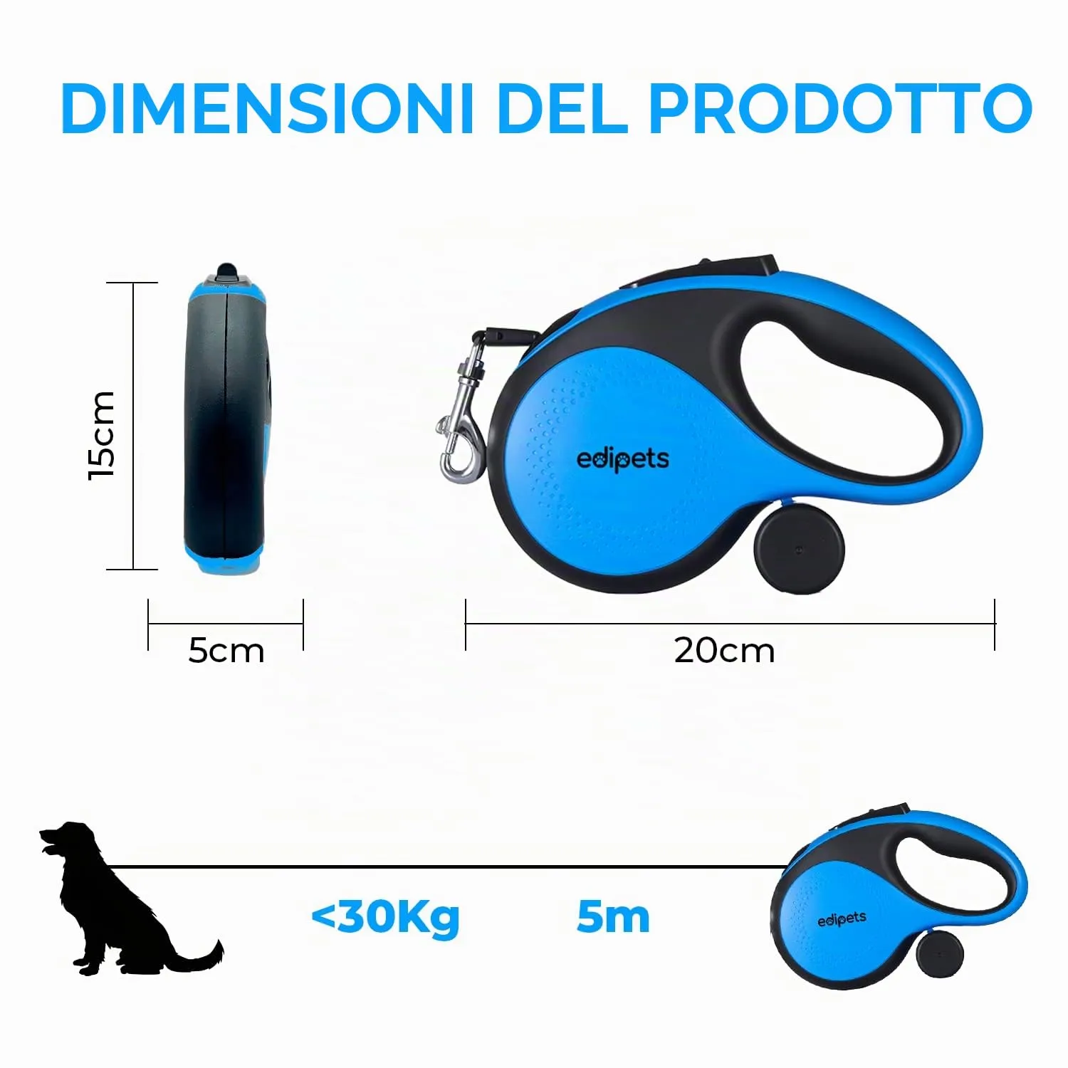 Edipets Guinzaglio per Cani Retrattile, 5 Metri, Blu - immagine 3