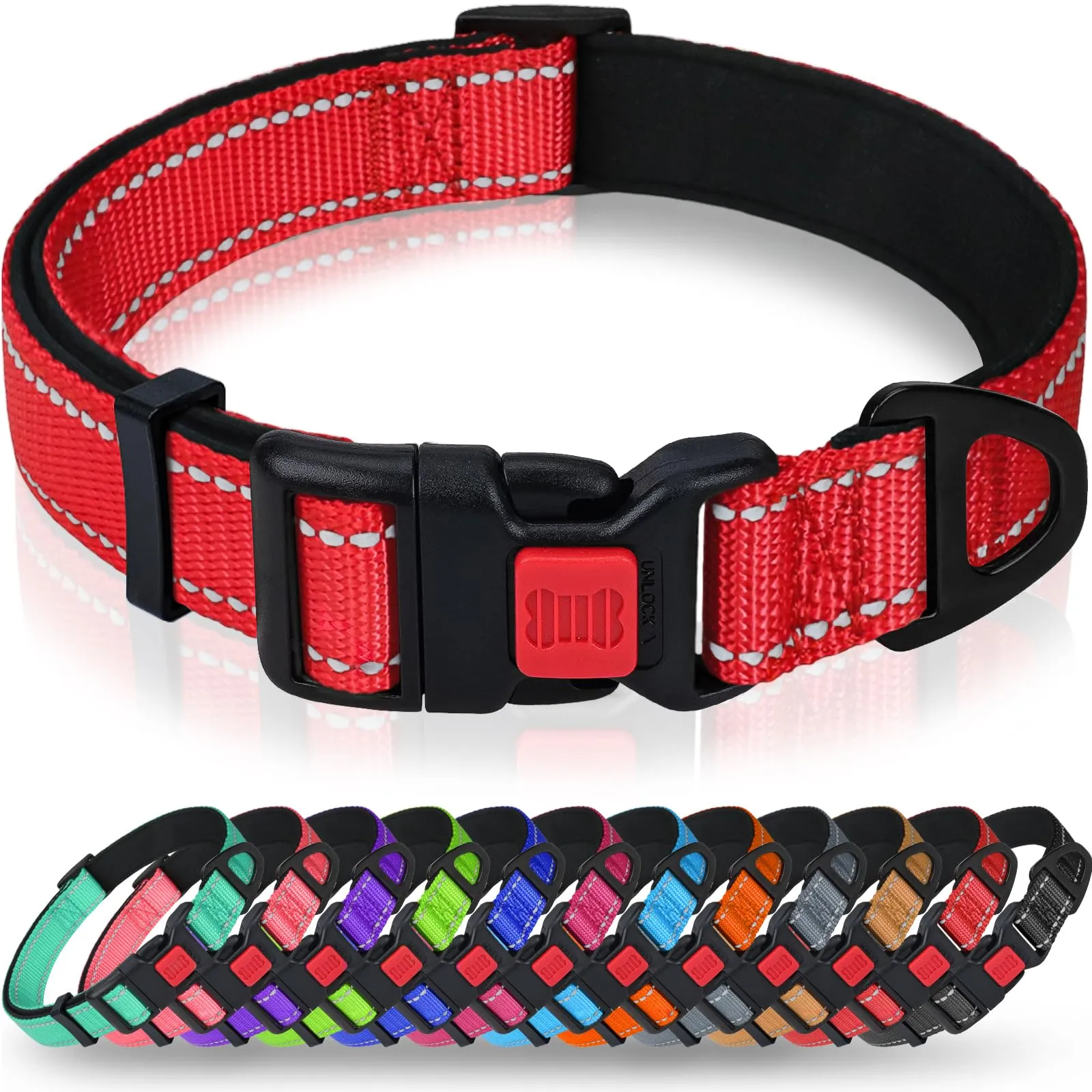Taglory Collare per Cani in Nylon Imbottito Riflettente, Rosso, Taglia XL - immagine 1