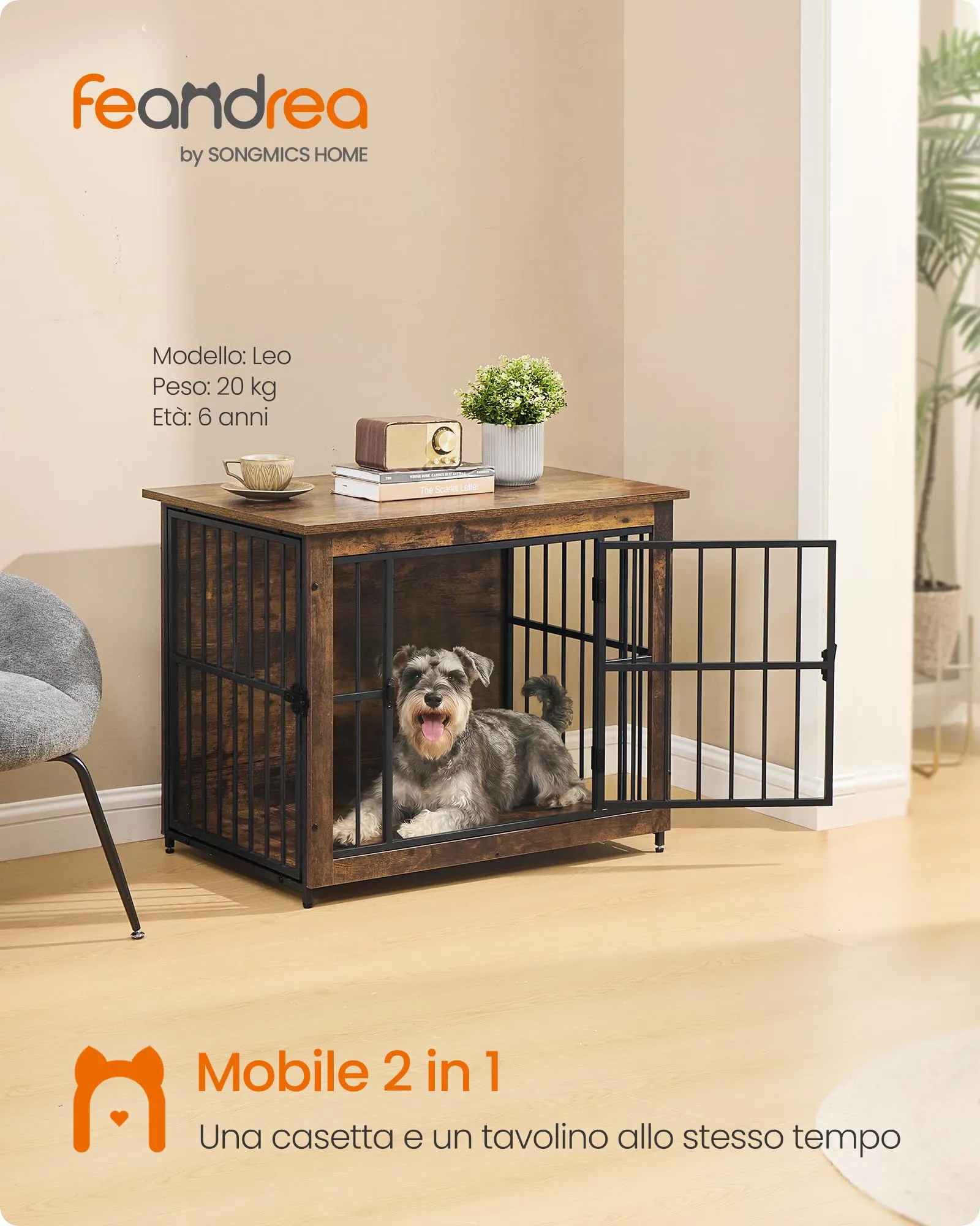 Feandrea Mobile Gabbia per Cani con Base Chiusa, 2 Porte, Taglia M, Marrone Vintage PFC022KD01 - immagine 2