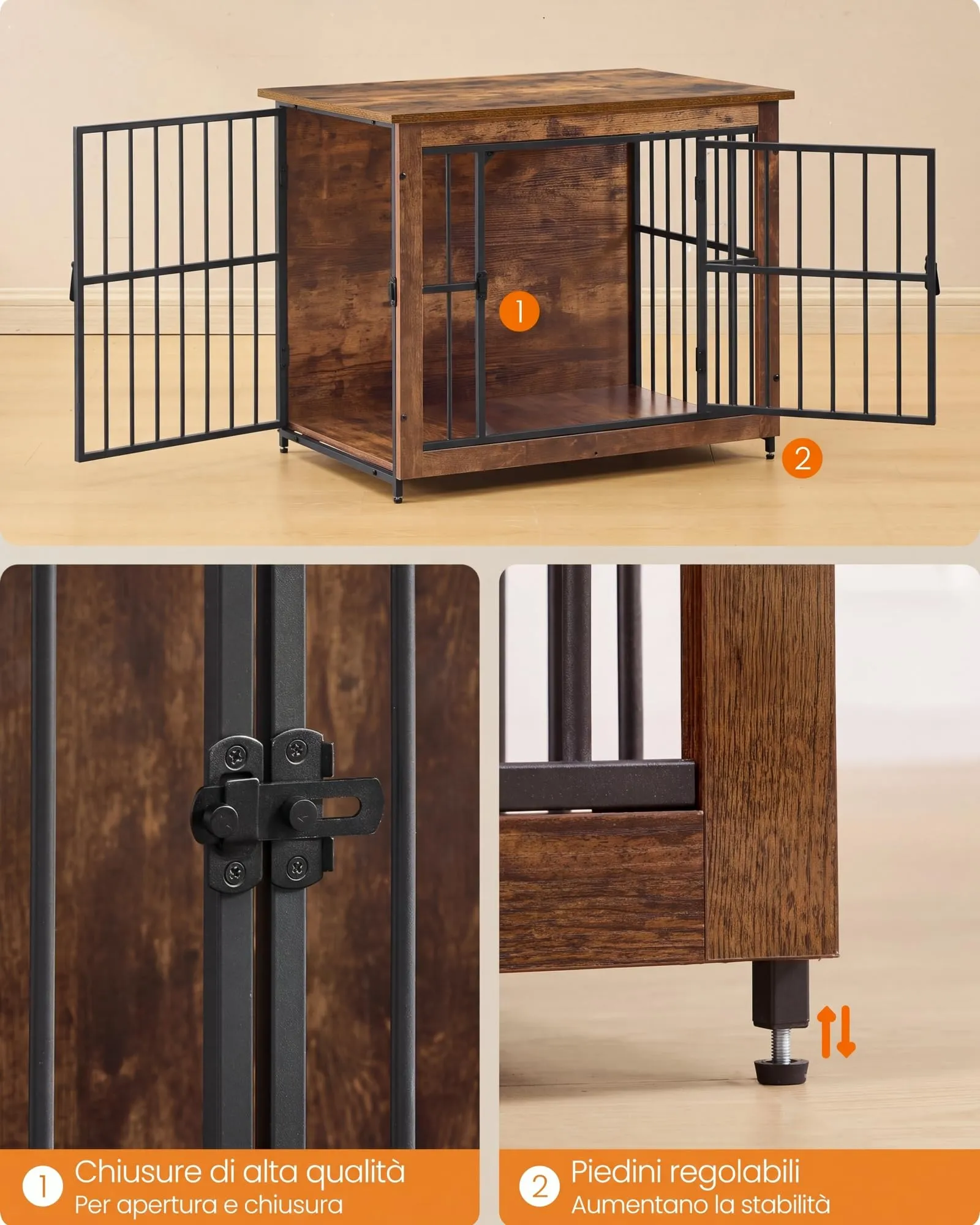 Feandrea Mobile Gabbia per Cani con Base Chiusa, 2 Porte, Taglia M, Marrone Vintage PFC022KD01 - immagine 6