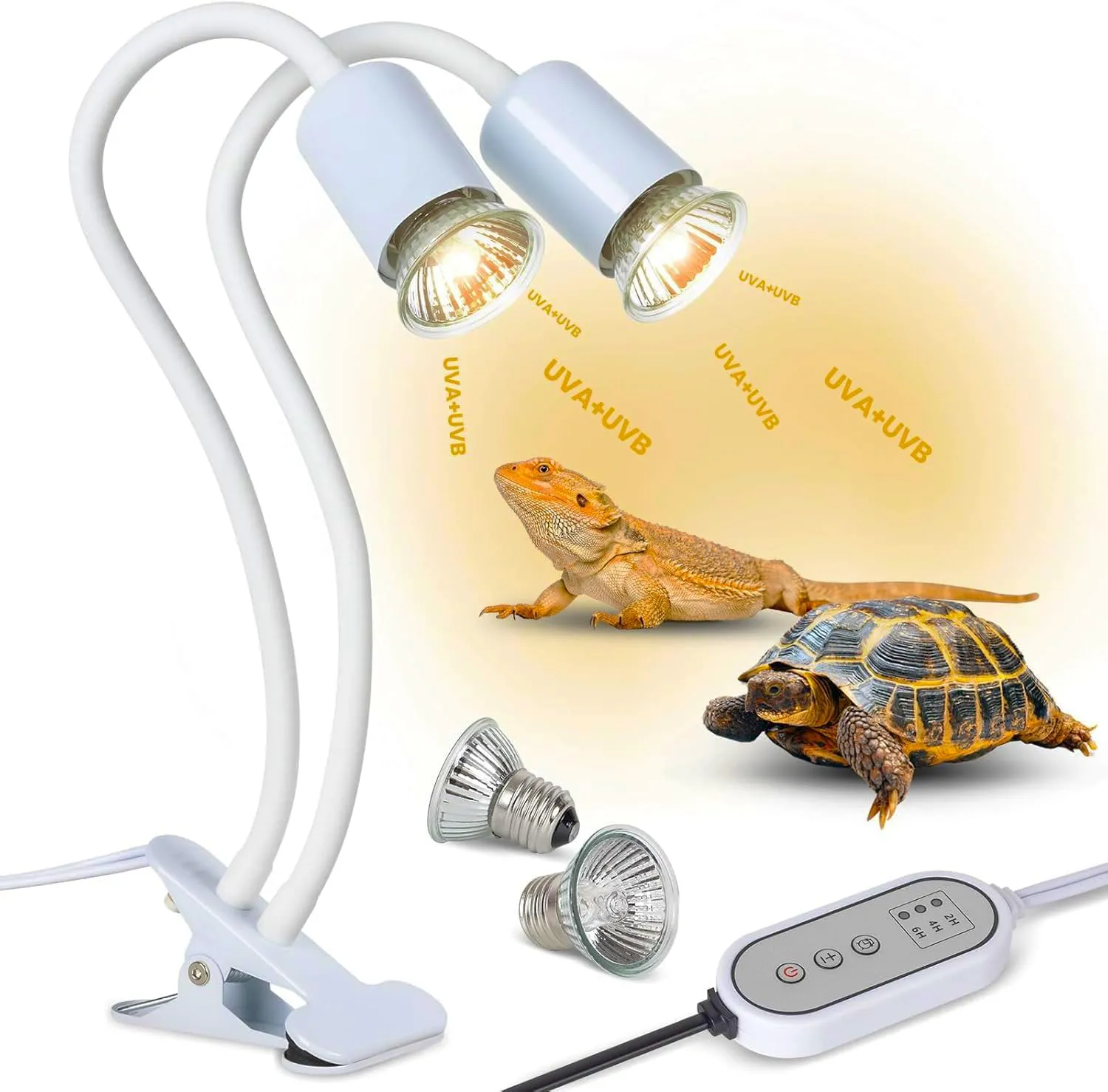 testyu Lampada Riscaldante a Due Teste per Tartarughe e Rettili, 25W+50W, UVA+UVB, E27 con Timer Regolabile, Bianco - immagine 1