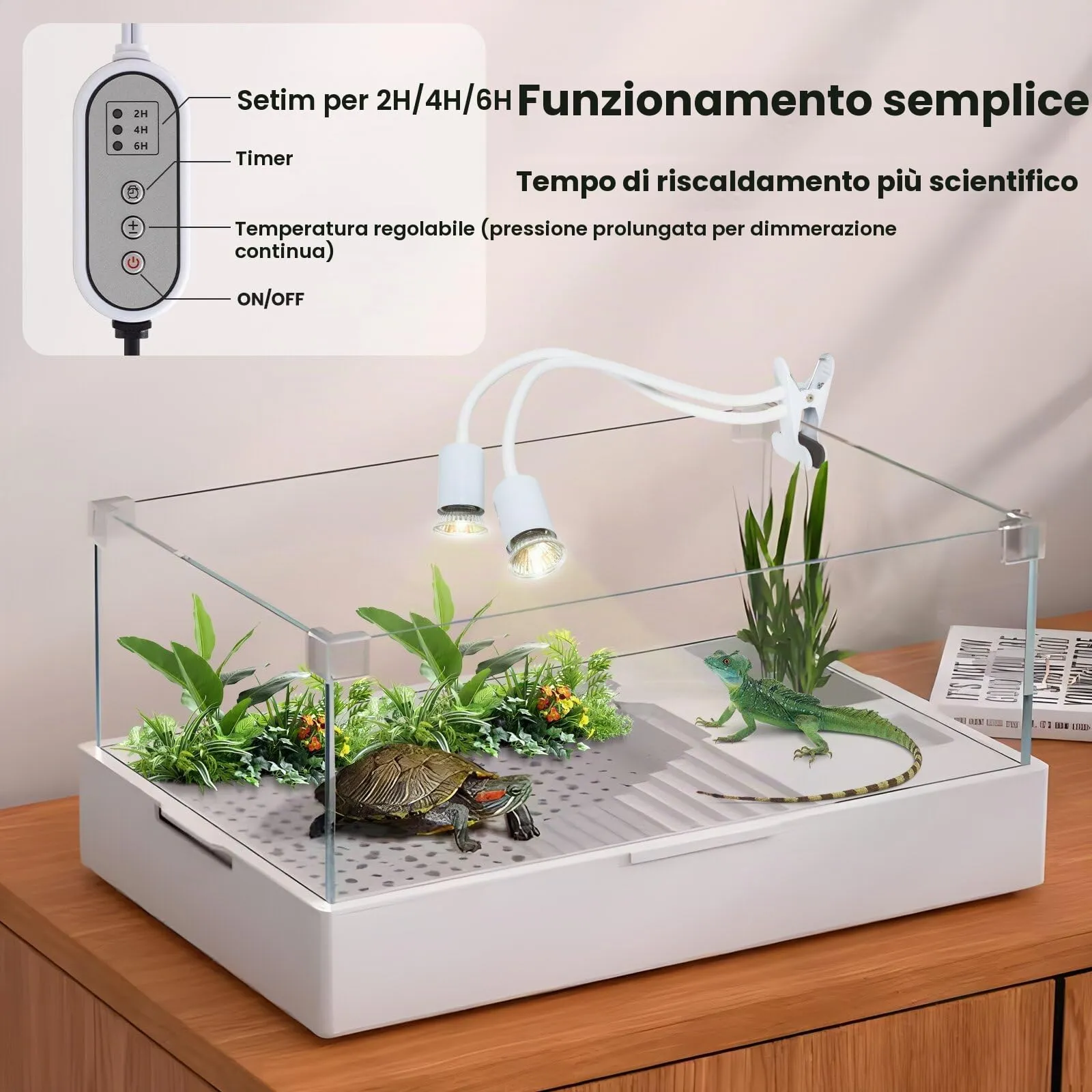 testyu Lampada Riscaldante a Due Teste per Tartarughe e Rettili, 25W+50W, UVA+UVB, E27 con Timer Regolabile, Bianco - immagine 2