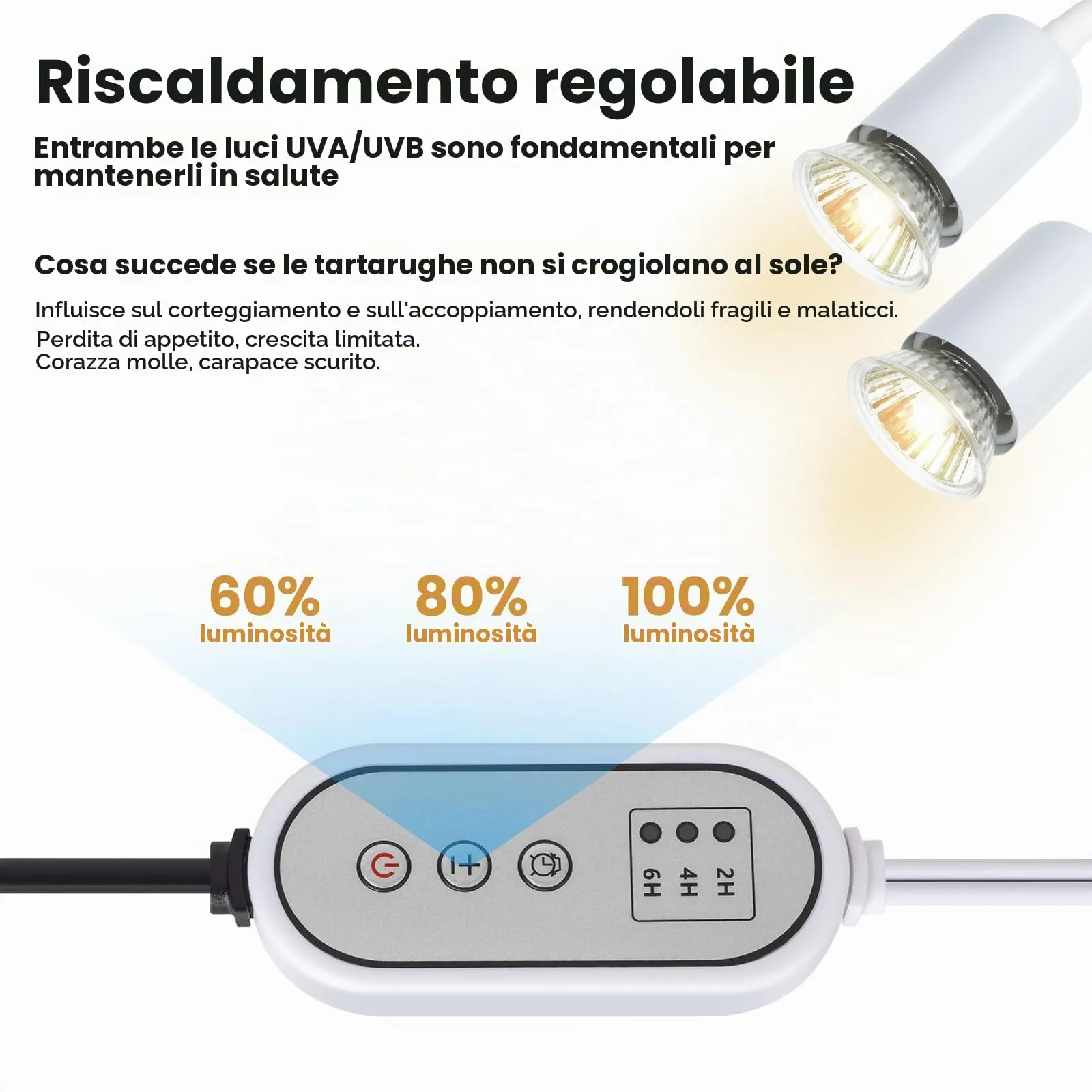 testyu Lampada Riscaldante a Due Teste per Tartarughe e Rettili, 25W+50W, UVA+UVB, E27 con Timer Regolabile, Bianco - immagine 3