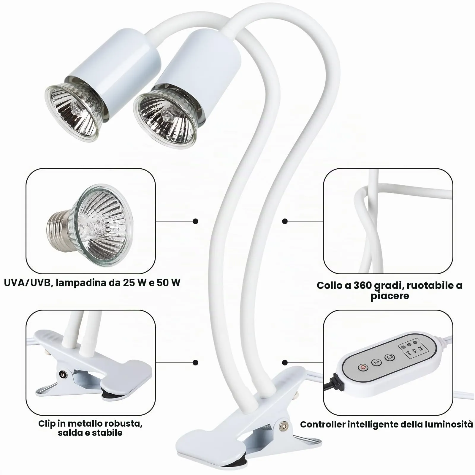 testyu Lampada Riscaldante a Due Teste per Tartarughe e Rettili, 25W+50W, UVA+UVB, E27 con Timer Regolabile, Bianco - immagine 4