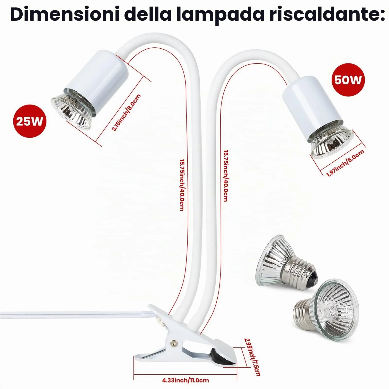 testyu Lampada Riscaldante a Due Teste per Tartarughe e Rettili, 25W+50W, UVA+UVB, E27 con Timer Regolabile, Bianco - immagine 5