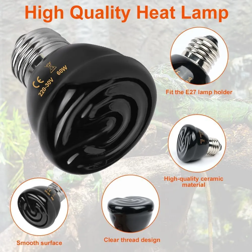 Adiwo Lampadina Riscaldante in Ceramica 60W E27 per Rettili, Anfibi, Tartarughe, Uccelli, Lucertole e Serpenti, 2 Pezzi - immagine 3