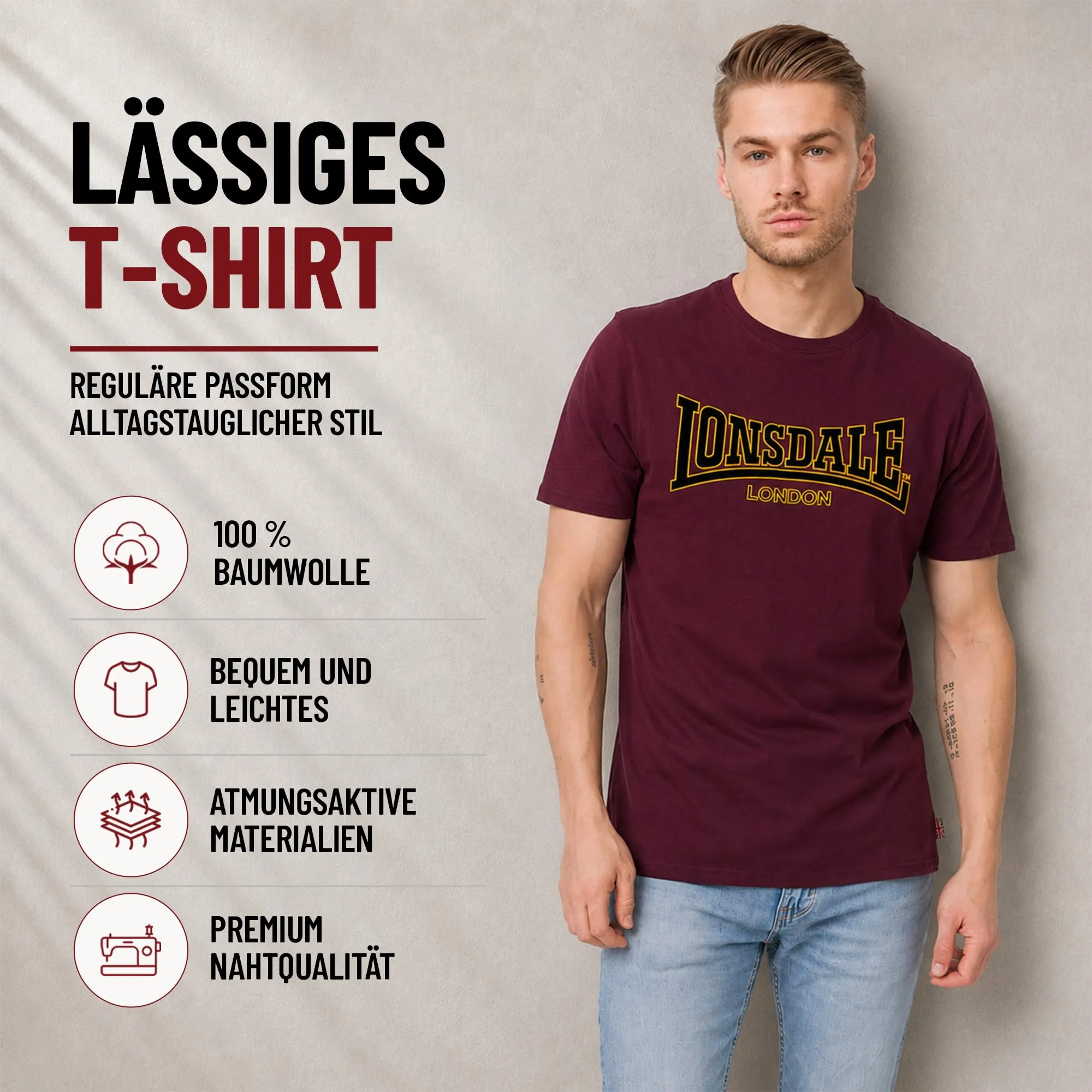Lonsdale Classic Slim Fit Long Sleeve T-Shirt, Rosso (Ochsenblut), Large - immagine 6