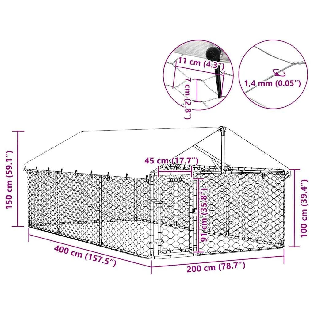 vidaXL Gabbia per Cani da Esterno con Tetto 400x200x150 cm - immagine 3