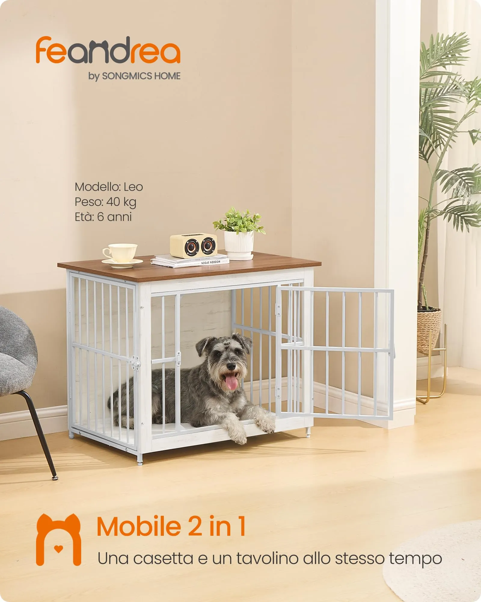 Feandrea Mobile Gabbia per Cani Moderna da Interno con Base Chiusa, 2 Porte, M, Bianco Nuvola e Marrone Miele PFC022KB01 - immagine 2