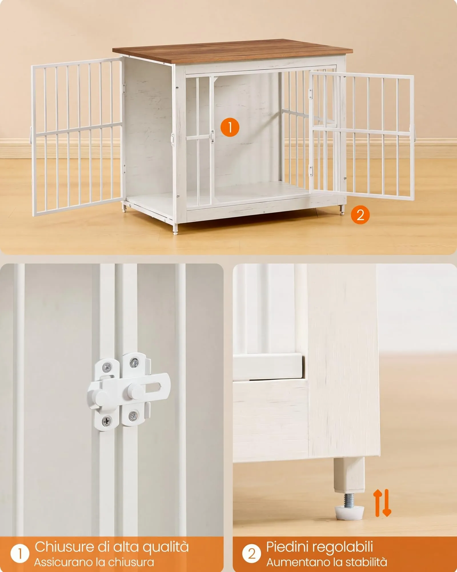 Feandrea Mobile Gabbia per Cani Moderna da Interno con Base Chiusa, 2 Porte, M, Bianco Nuvola e Marrone Miele PFC022KB01 - immagine 6