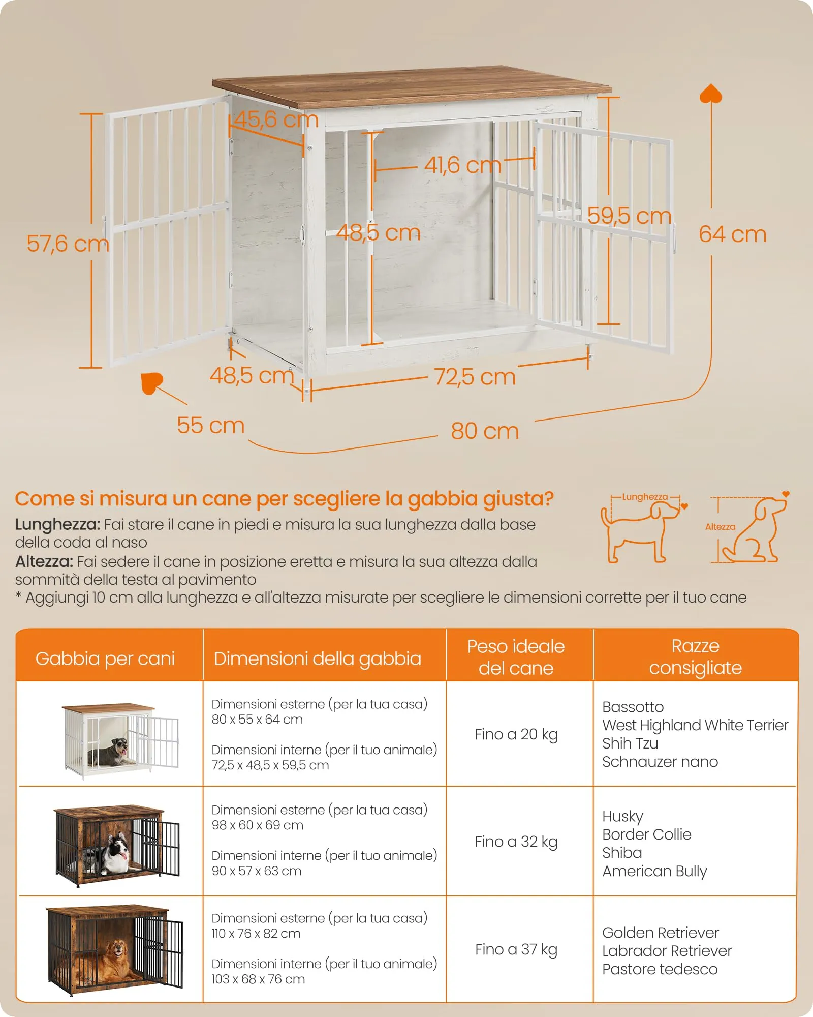 Feandrea Mobile Gabbia per Cani Moderna da Interno con Base Chiusa, 2 Porte, M, Bianco Nuvola e Marrone Miele PFC022KB01 - immagine 7