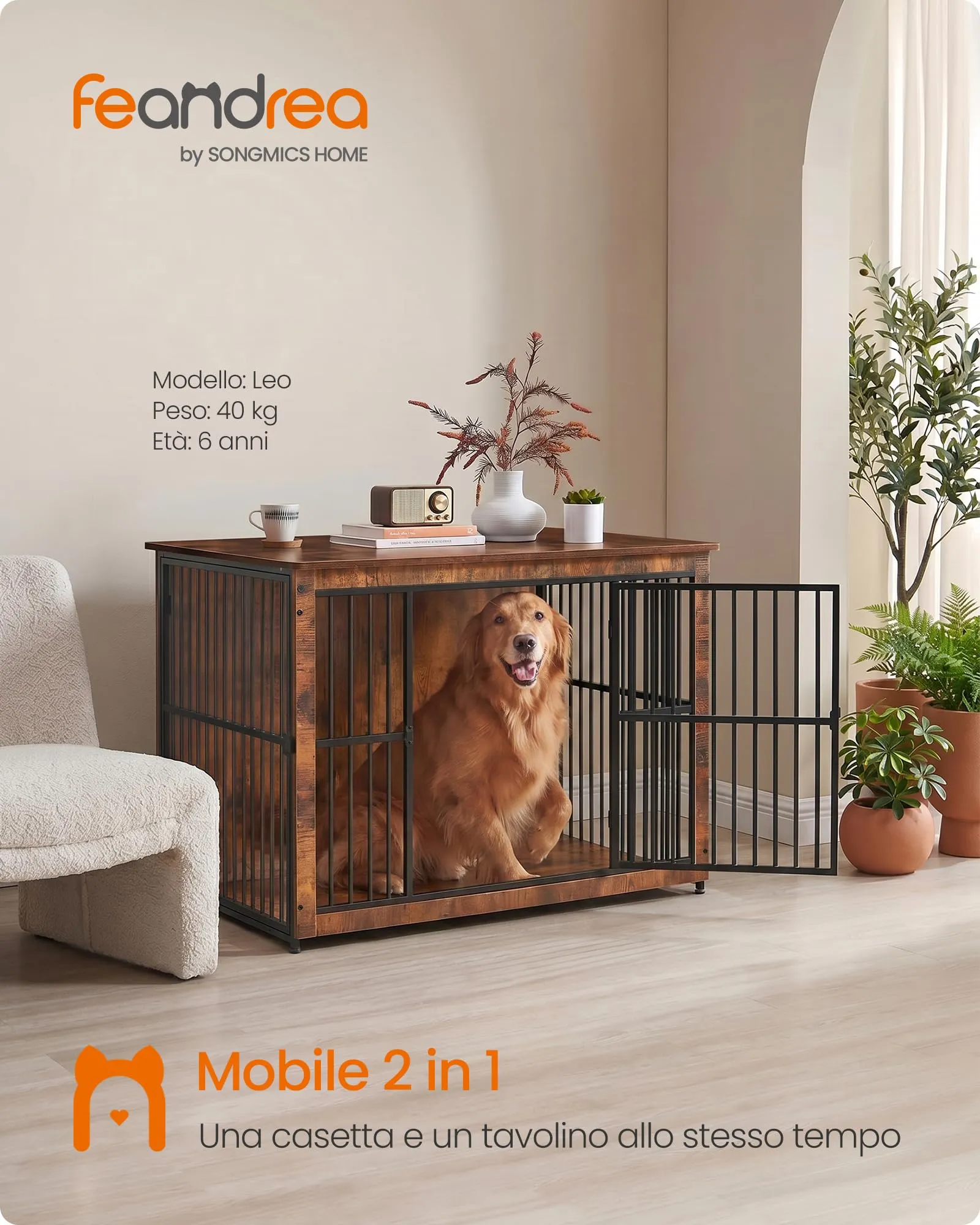 Feandrea Mobile Gabbia per Cani Industriale da Interno, Base Chiusa, 2 Porte, Taglia L, Marrone Vintage e Nero PFC024X01V1 - immagine 2