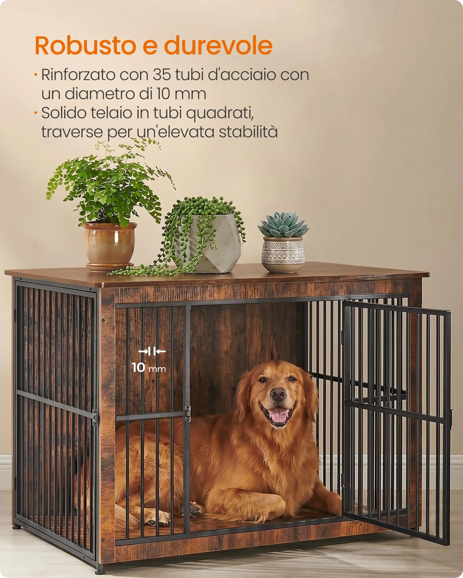 Feandrea Mobile Gabbia per Cani Industriale da Interno, Base Chiusa, 2 Porte, Taglia L, Marrone Vintage e Nero PFC024X01V1 - immagine 3
