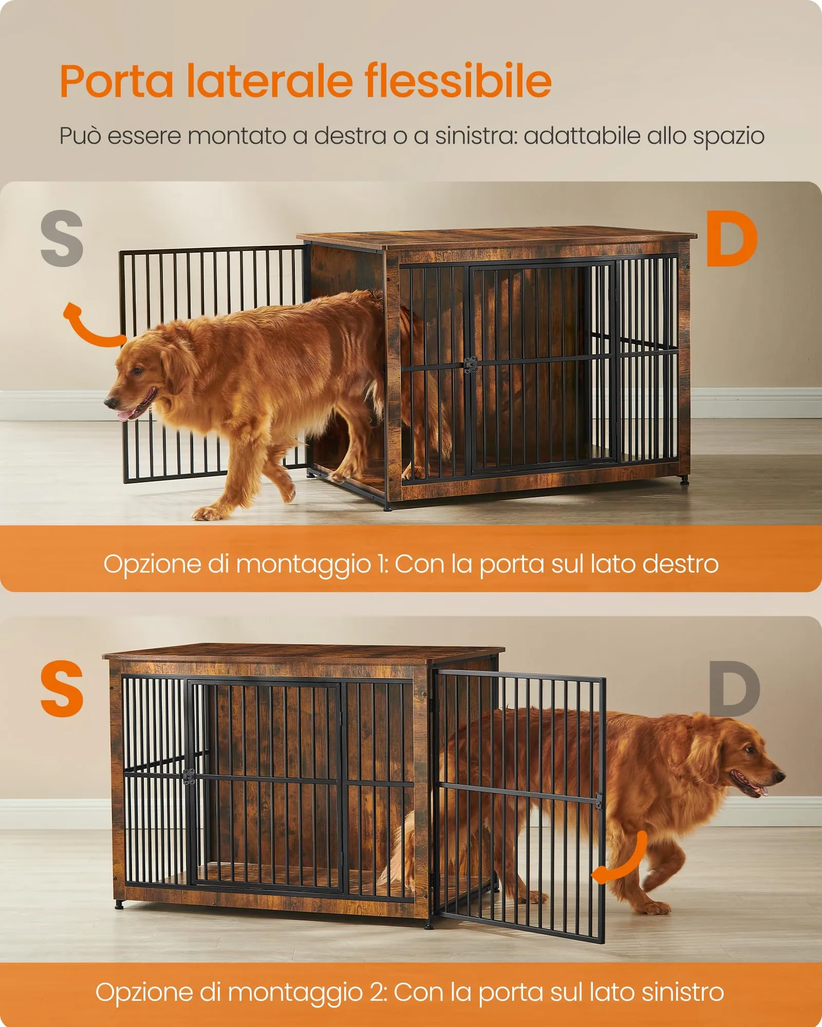 Feandrea Mobile Gabbia per Cani Industriale da Interno, Base Chiusa, 2 Porte, Taglia L, Marrone Vintage e Nero PFC024X01V1 - immagine 5