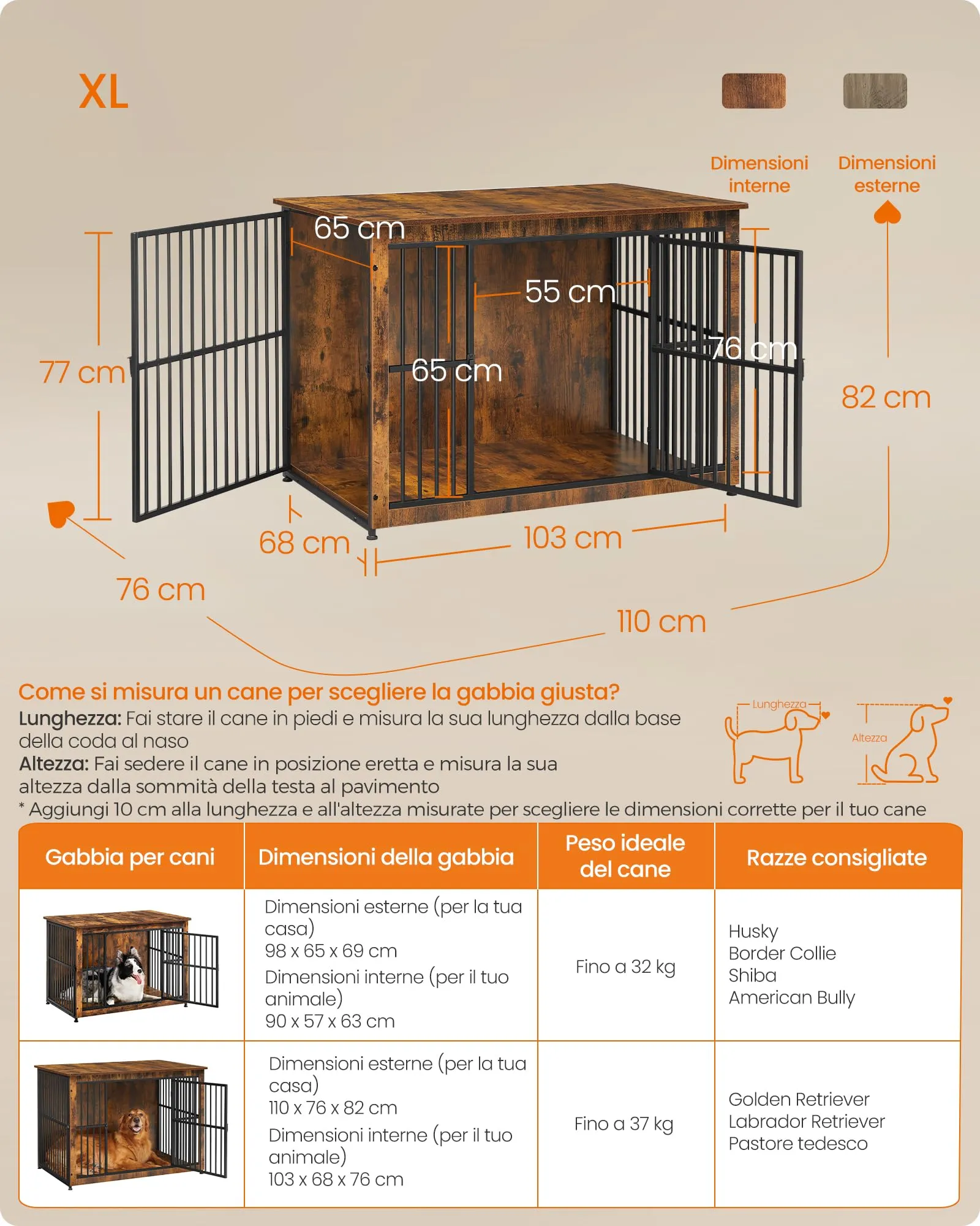 Feandrea Mobile Gabbia per Cani Industriale da Interno, Base Chiusa, 2 Porte, Taglia L, Marrone Vintage e Nero PFC024X01V1 - immagine 6