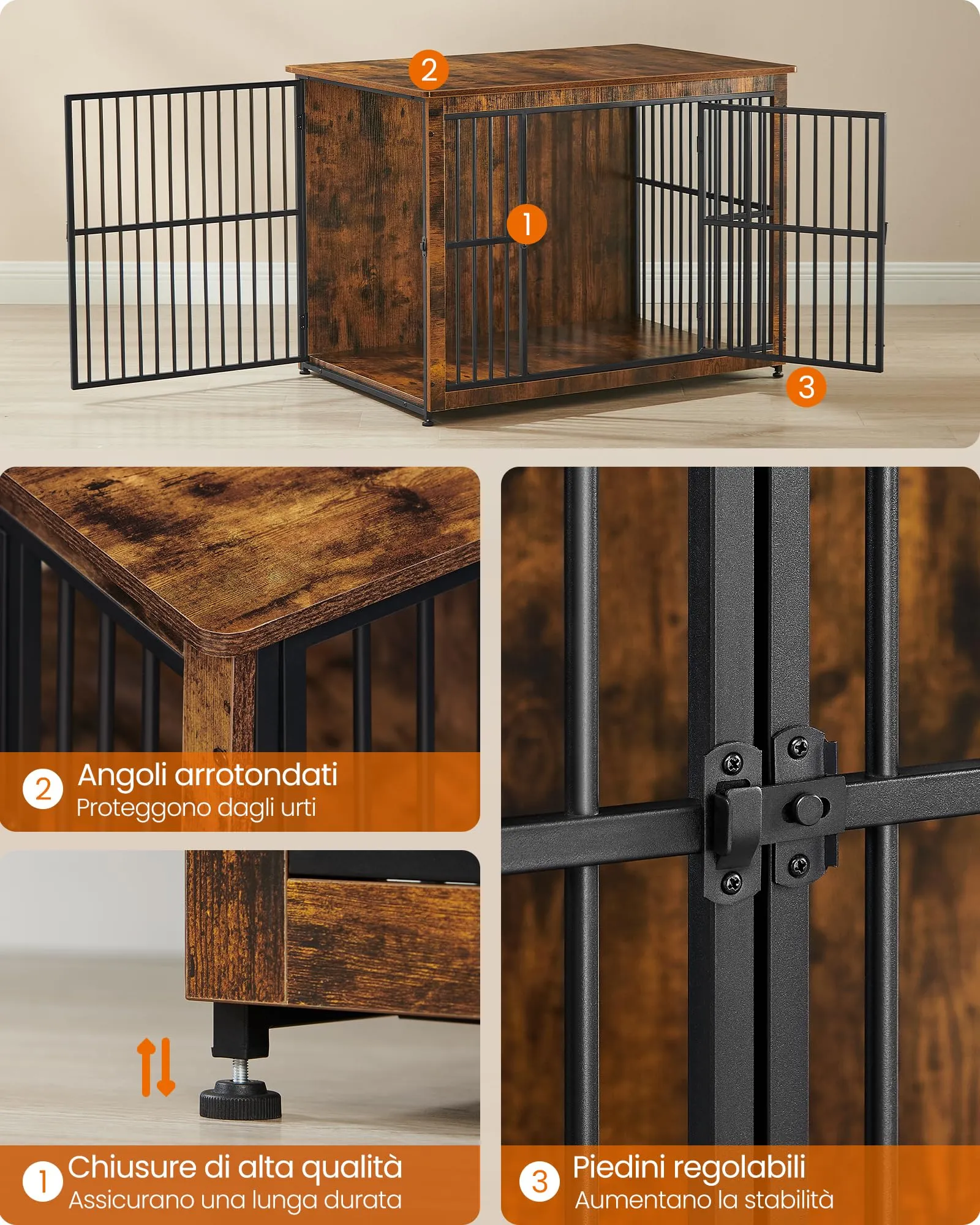 Feandrea Mobile Gabbia per Cani Industriale da Interno, Base Chiusa, 2 Porte, Taglia L, Marrone Vintage e Nero PFC024X01V1 - immagine 7