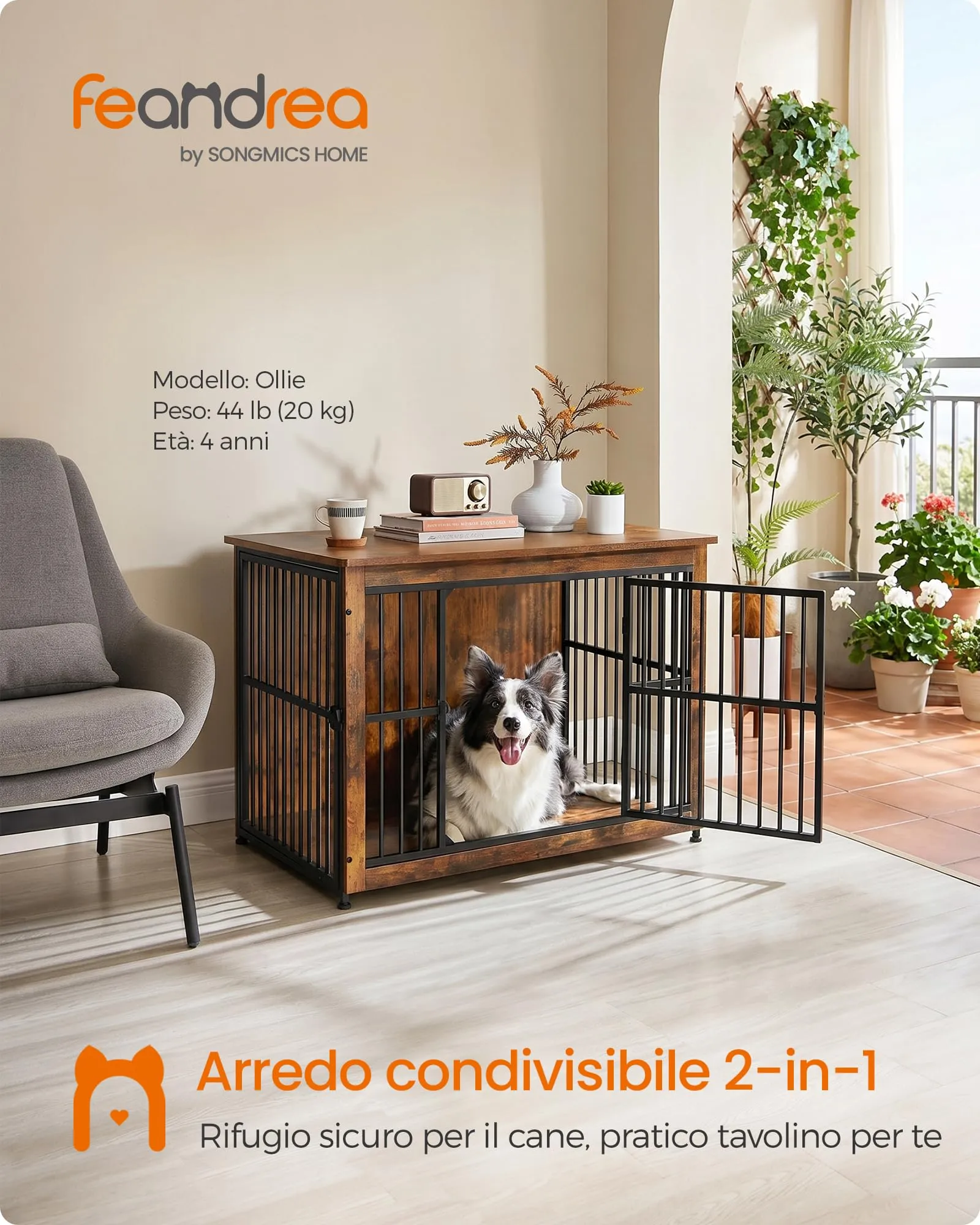 Feandrea Mobile Gabbia per Cani con Base Chiusa, 2 Porte, L, Marrone Vintage e Nero PFC023X01 - immagine 2