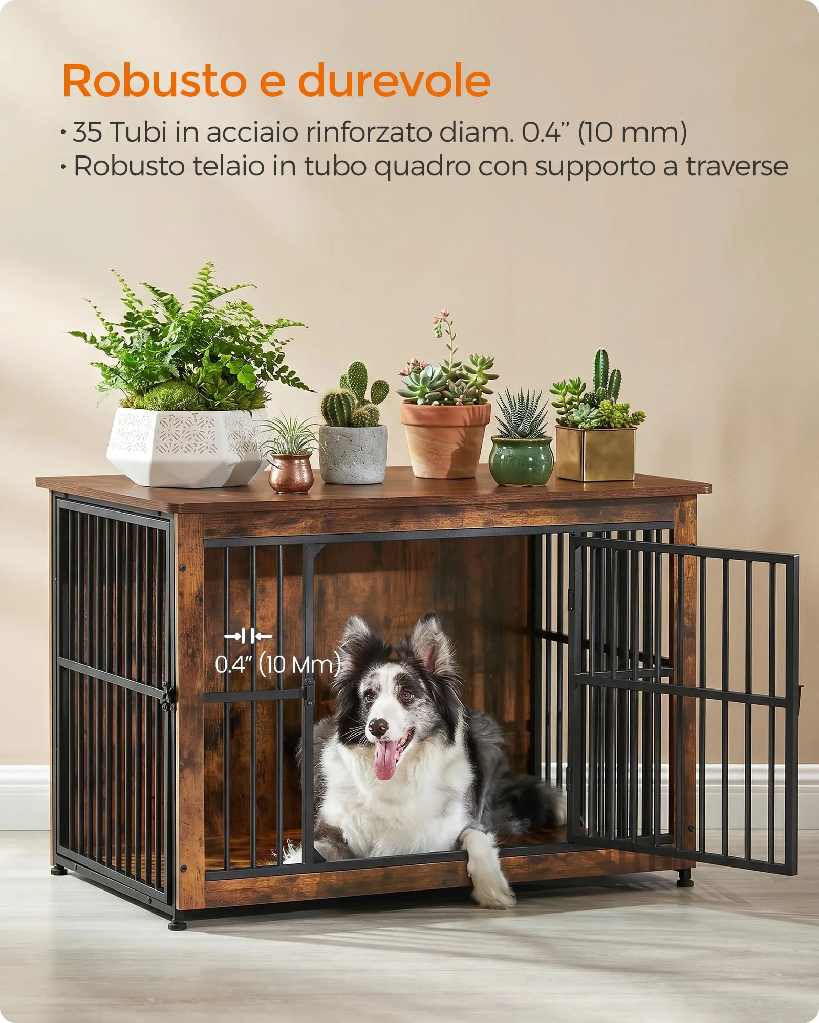Feandrea Mobile Gabbia per Cani con Base Chiusa, 2 Porte, L, Marrone Vintage e Nero PFC023X01 - immagine 3