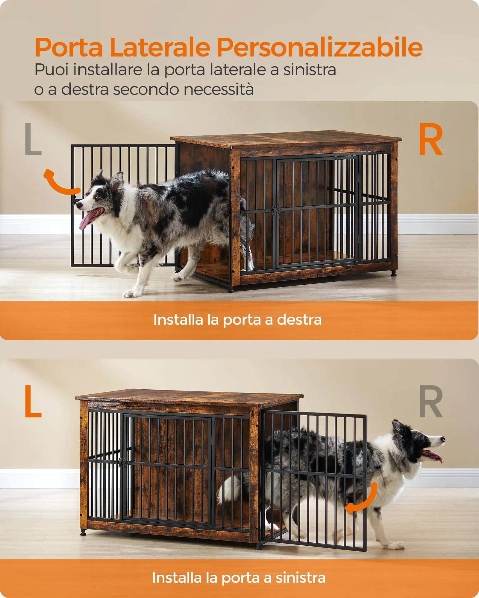 Feandrea Mobile Gabbia per Cani con Base Chiusa, 2 Porte, L, Marrone Vintage e Nero PFC023X01 - immagine 5